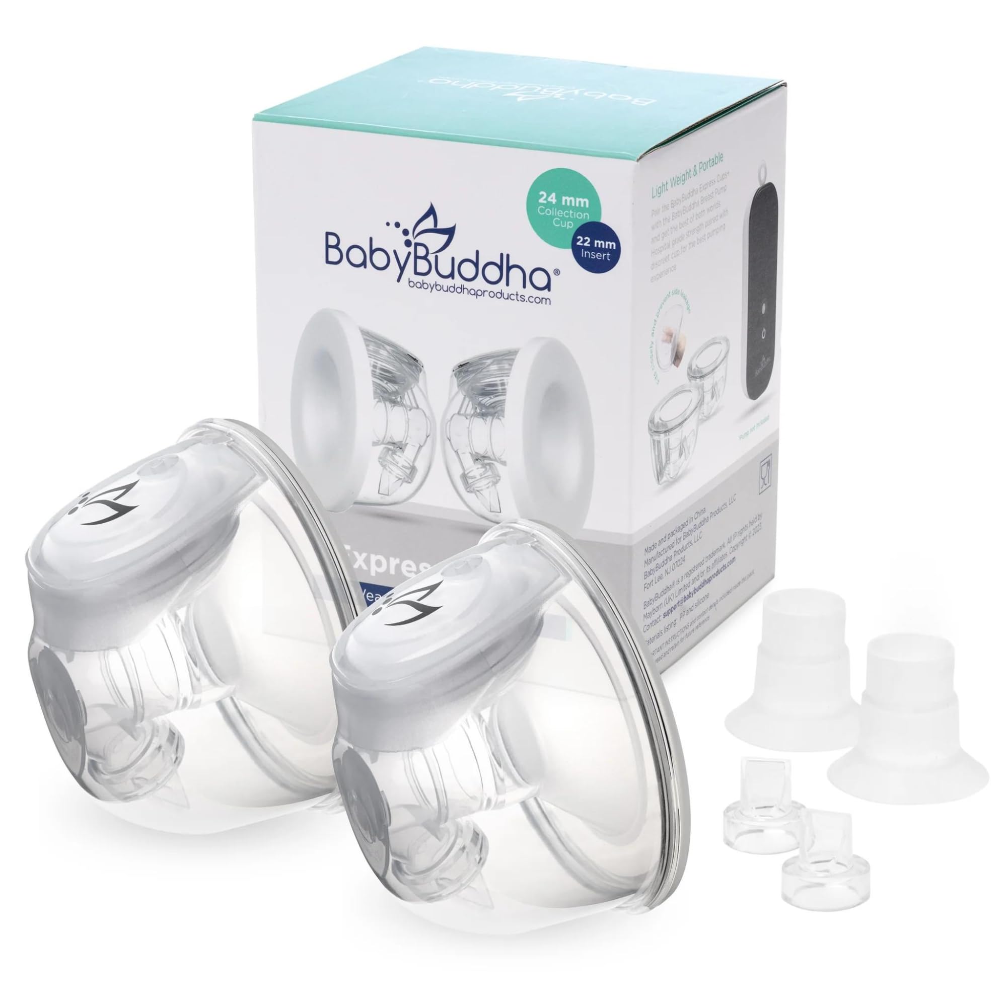 BabyBuddha Hands-Free Milk Collection Cups for Breast Pump (8fl oz. per Cup) Breast Milk Pump Containers - Compatible with BabyBuddha Breast Pump - Wearable Breast Pump Cups - Small, 2 Pack (22-24mm)