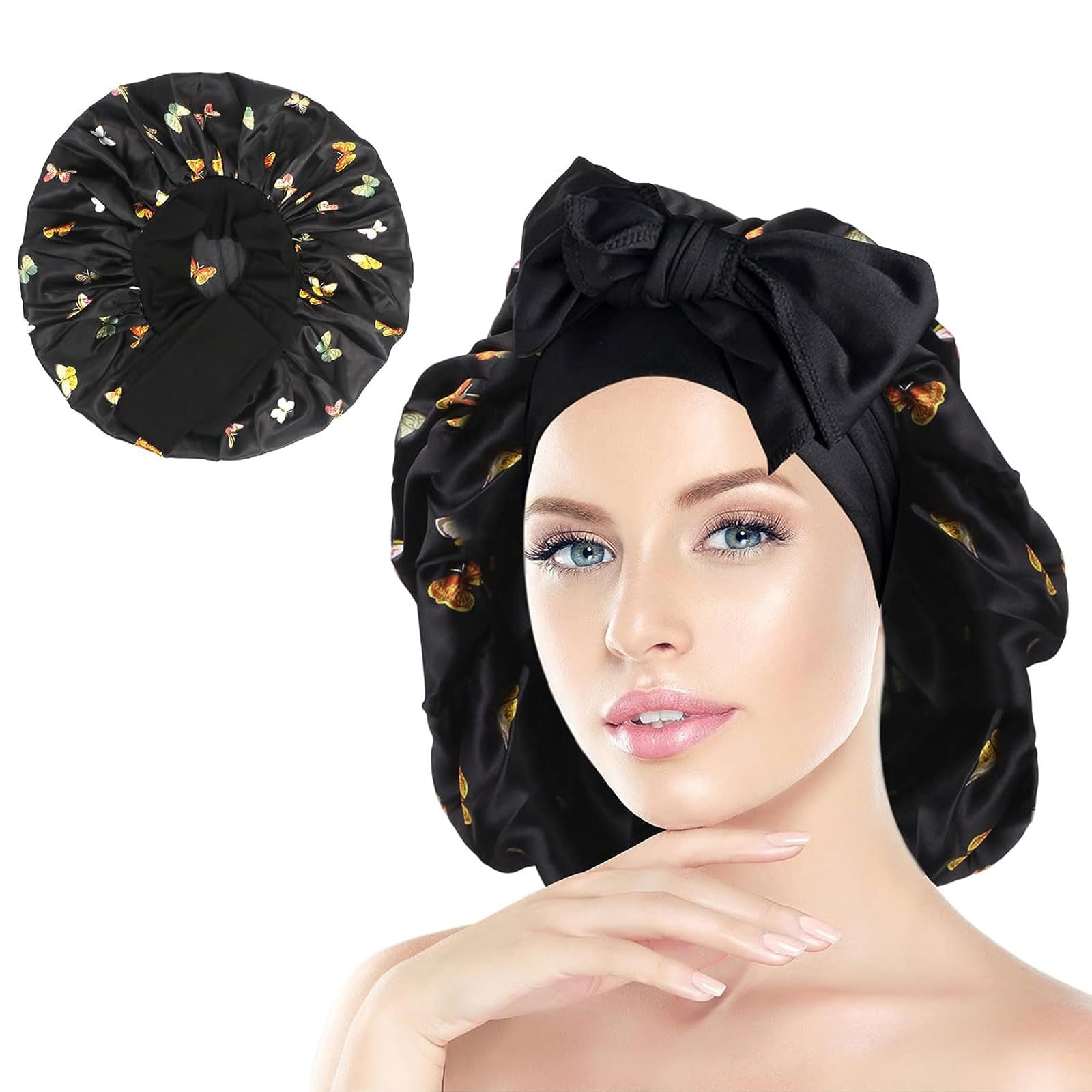 GUGUGOSilk Bonnet for Sleeping, Silk Bonnet, Adjustable Silk Cap, Sleep Cap Silk, Sleep Cap Women, Satin Bonnet, Sleeping Cap, Silk Sleeping Cap, Black Butterfly