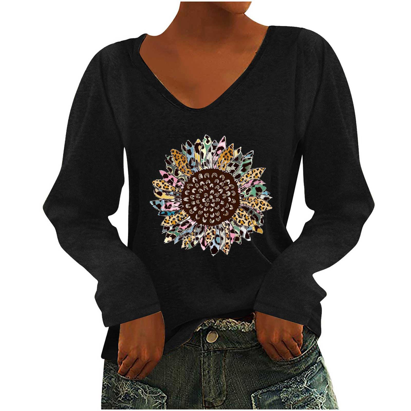 Plus Size Tops for Women V Neck Long Sleeve Fall Tshirts Leopard Sunflower Graphic Tee Tunics Pullover Sweatshirts