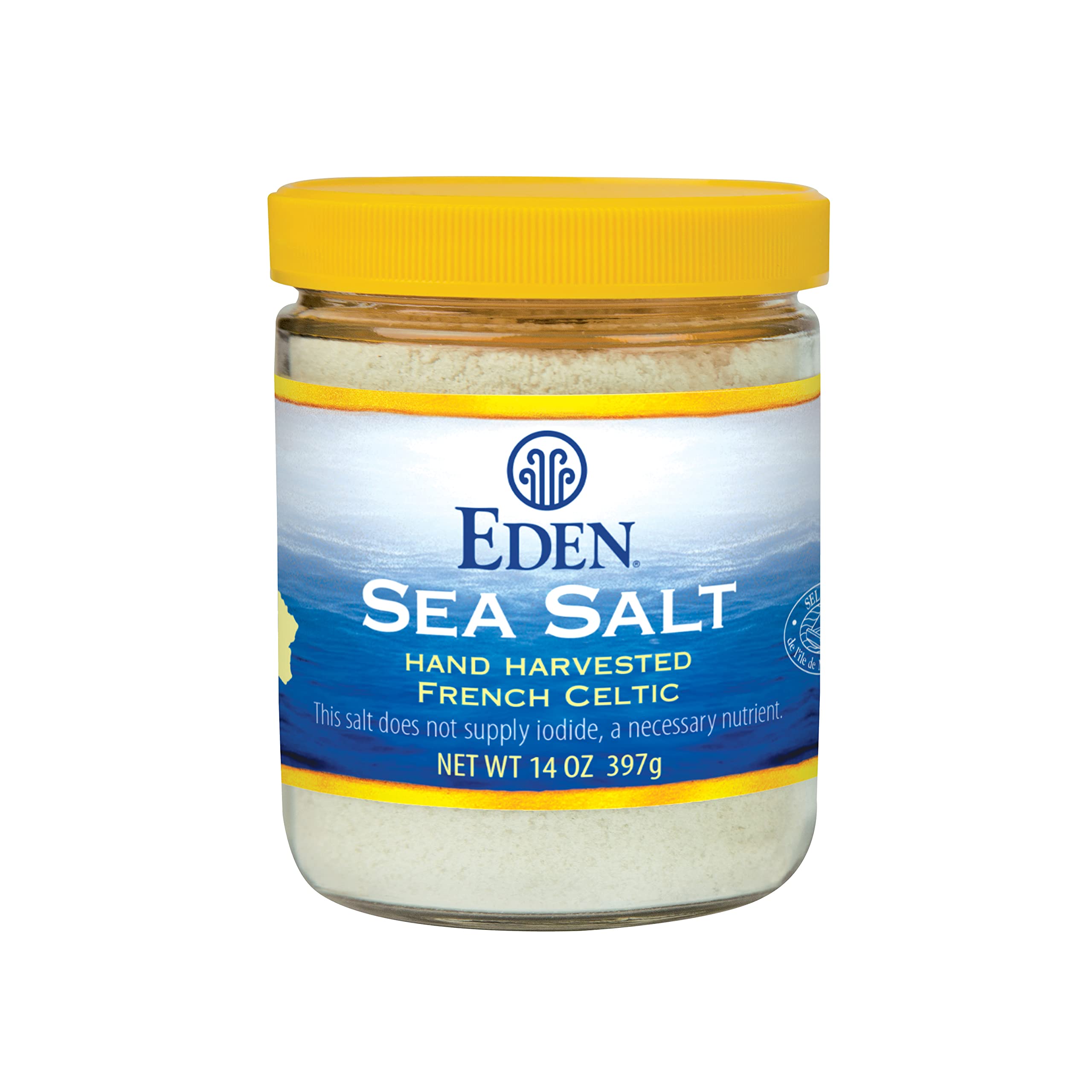 Eden Sea Salt, Hand Harvested French Celtic, Stone Ground (Fine), 82 Trace Minerals, Unrefined, Glass Jar, 14 oz