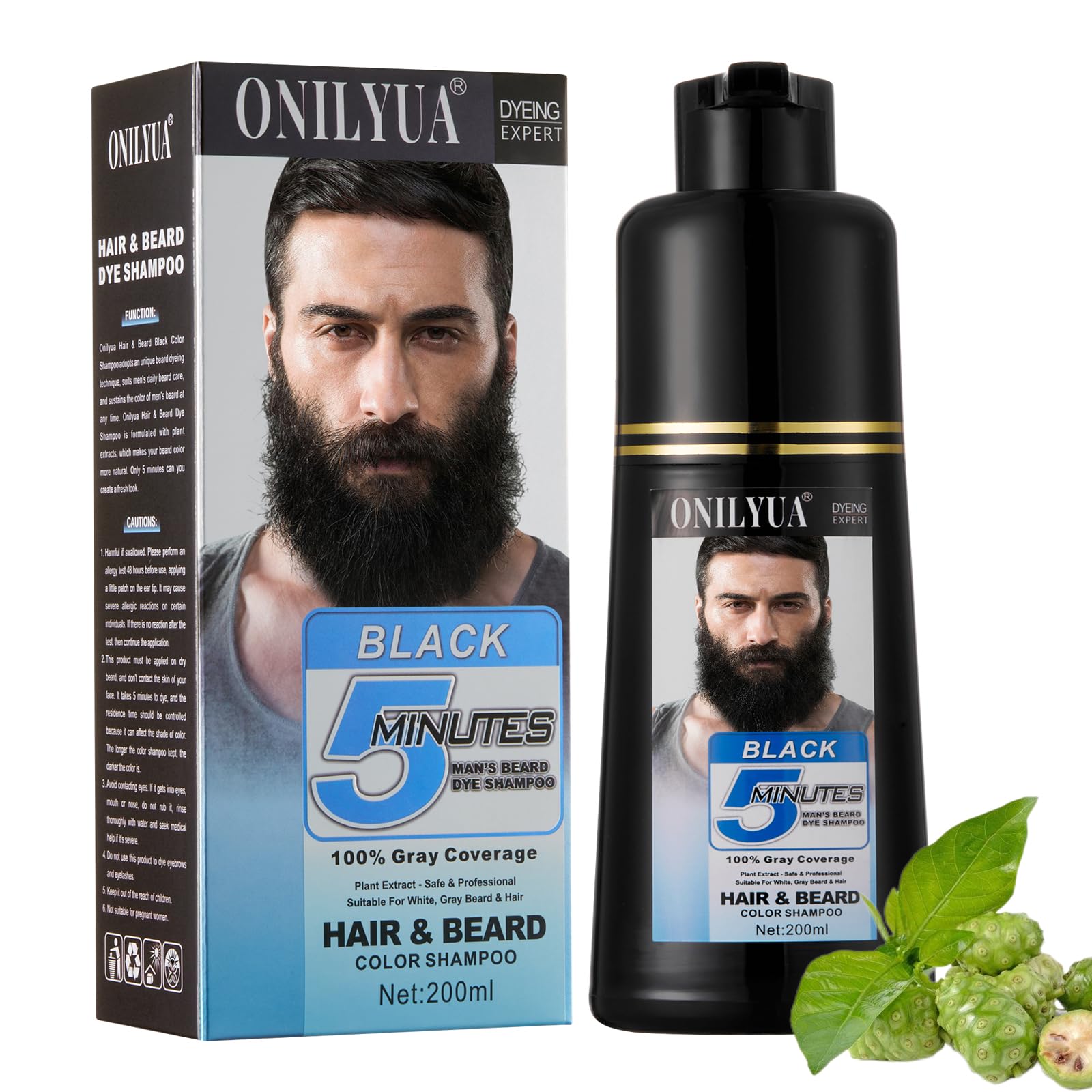 Men's Black Beard and Hair Dye Shampoo 3 in 1 - Long-Lasting Herbal Coloring for Gray Hair, Mustache & Beard in Minutes, 6.76 Fl Oz