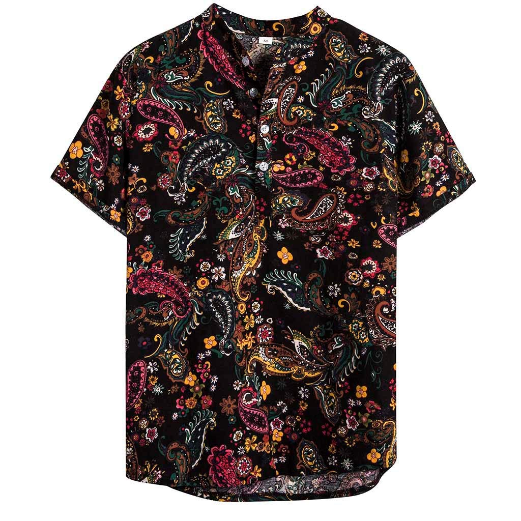 FankleHawaiian Shirts for Men Fankle Linen Short Sleeve Ethnic Floral Print Button Down Beach Shirts Aloha Fit Top Blouse