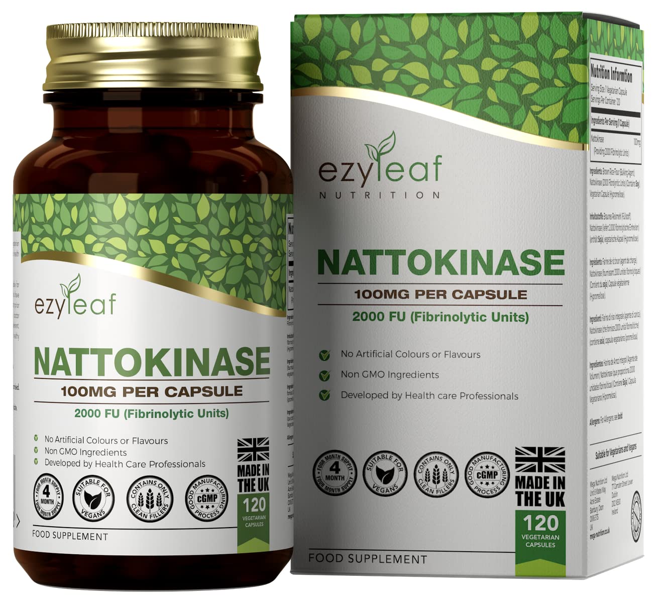 Ezyleaf Nattokinase 100mg 2000 FU | 120 Vegan Capsules | Protein Enzyme from Japanese Natto | No Artificial Ingredients | ISO Certified, Vegan, Dairy & Gluten Free, Non-GMO | Manufactured in The UK