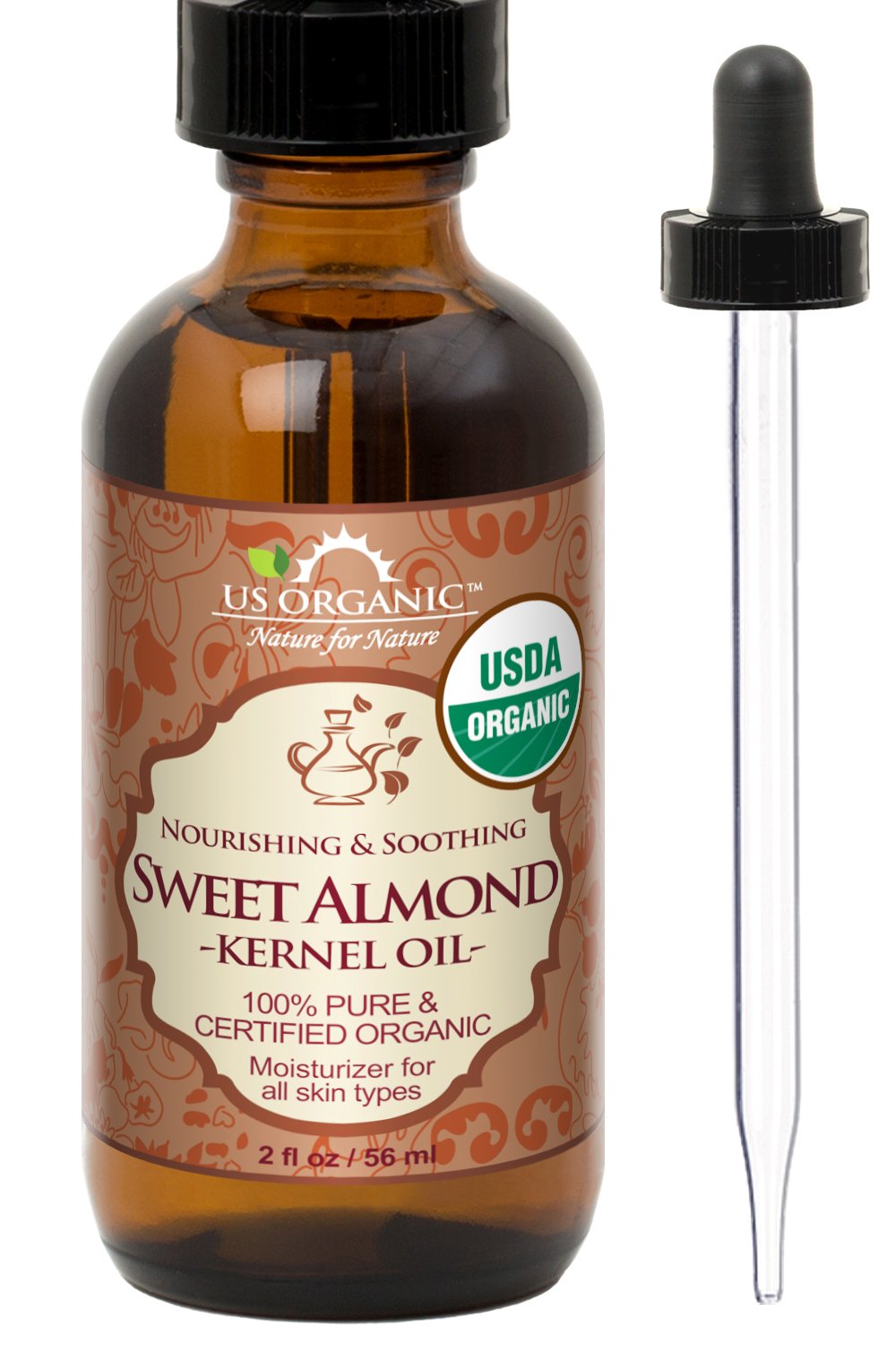 _US Organic Sweet almond Kernel Oil, USDa Certified Organic, pure Pure & Natural, Cold Pressed Virgin, Unrefined in amber Glass Bottle w/Glass Eyedropper for Easy application (2 oz (56 ml))