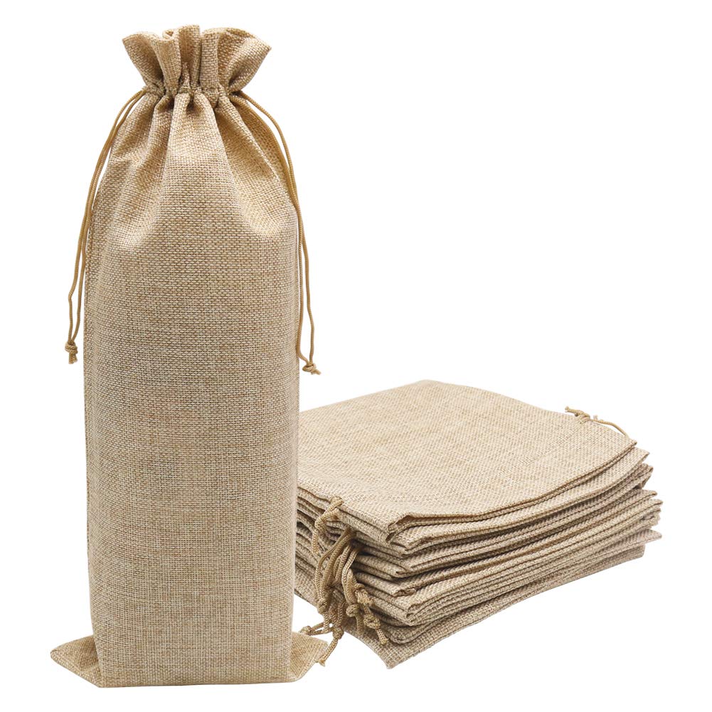 HRX Package 10pcs Burlap Wine Bags for 1.5L Magnum Bottles, Hessian Cloth Glass Liquor Bottle Bags Covers for Christmas Wedding Party