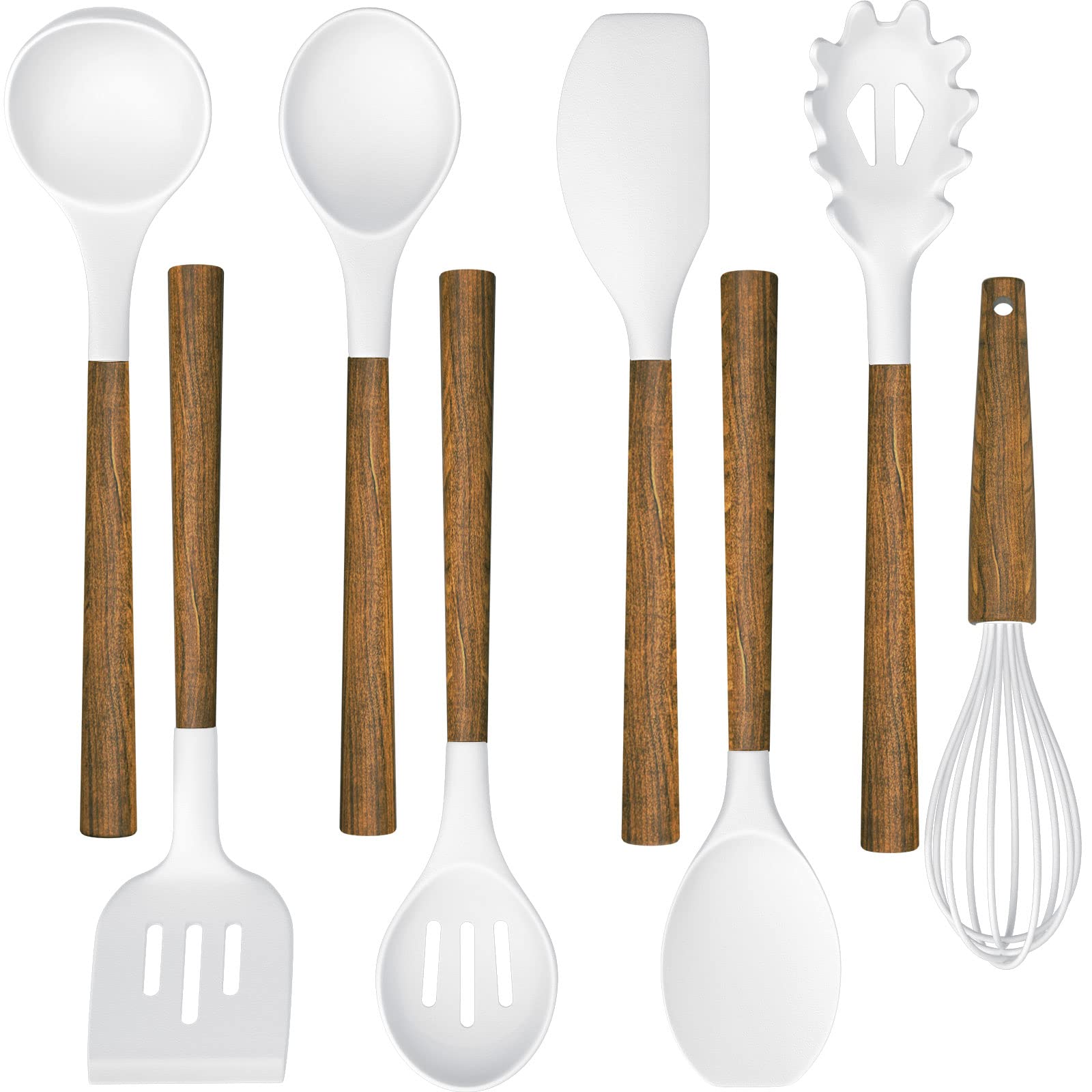 Non-Stick Silicone Kitchen Utensils Set with Natural Acacia Hard Wood Handle, Umite Chef 8 Pieces Kitchen Spatulas set, White, BPA Free, Baking, Serving and Cooking Utensils