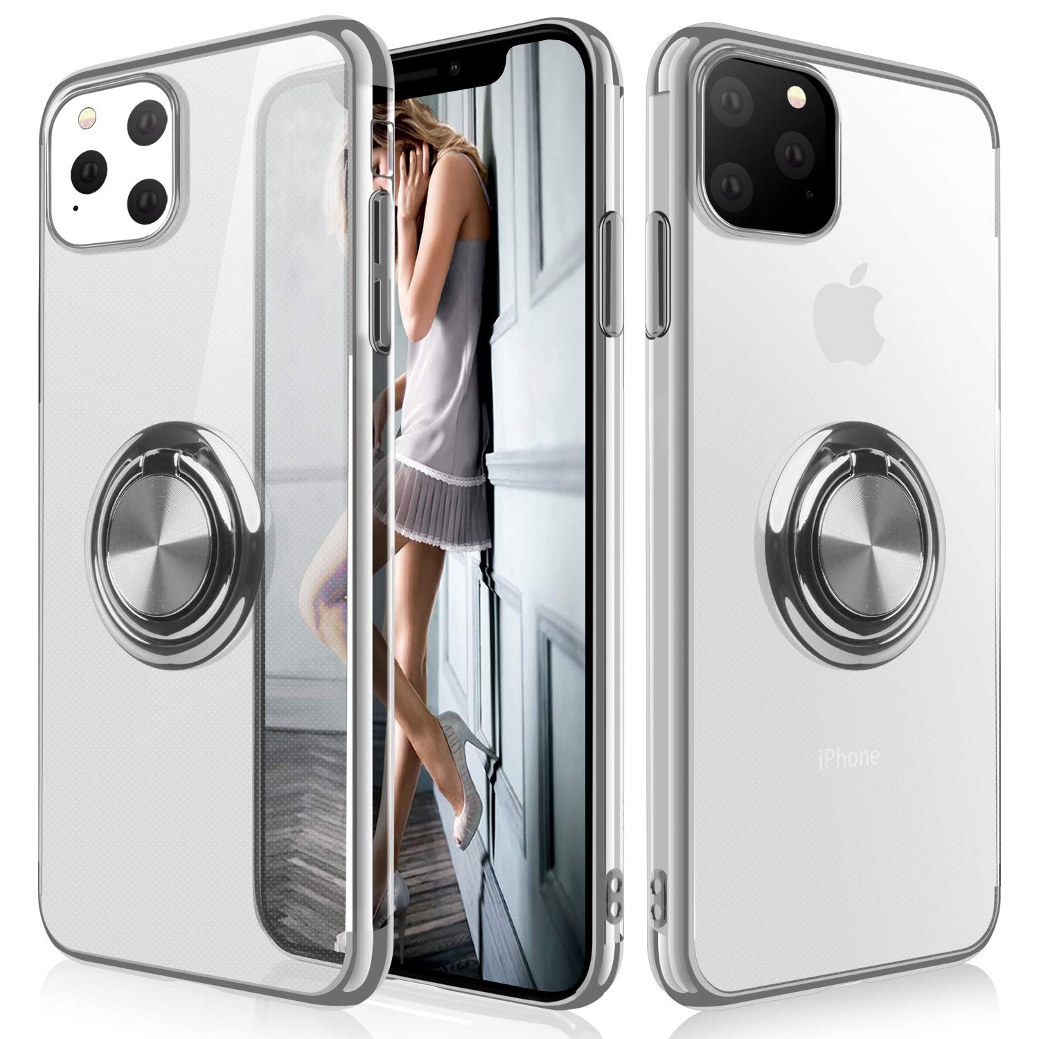 WATACHE Clear Crystal Ultra Slim Soft TPU Electroplated Frame Case Cover with Built-in 360 Rotatable Ring Kickstand for Apple iPhone 11 Pro Silver APG0211