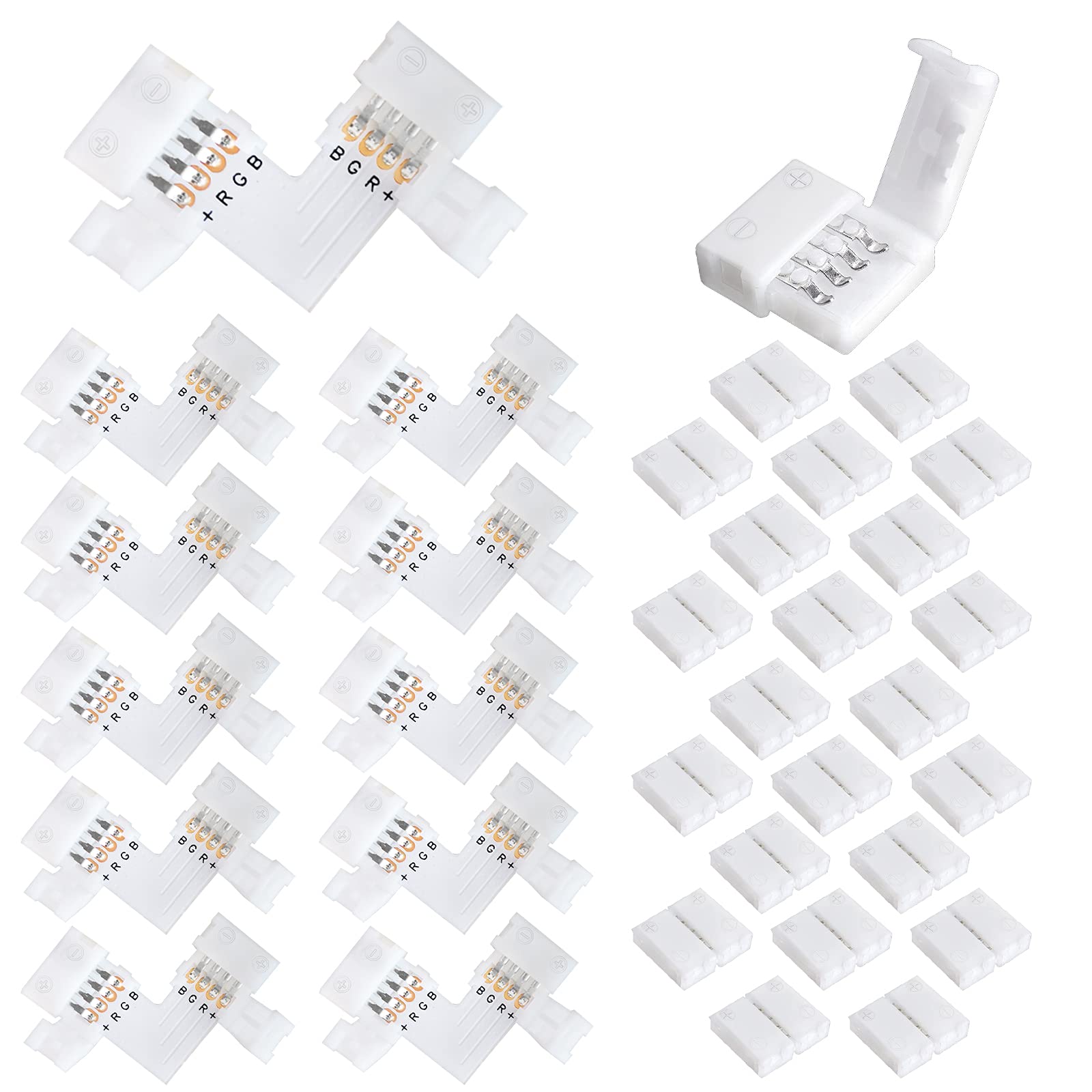 L Shape 4 Pin 10mm LED Light Connector YOELVN 10Pcs LED Strip Lights Connector Solderless 90 Degree Corner Connector with 22Pcs 4 Conductor LED Light Strips for 3528 5050 SMD RGB LED Strip