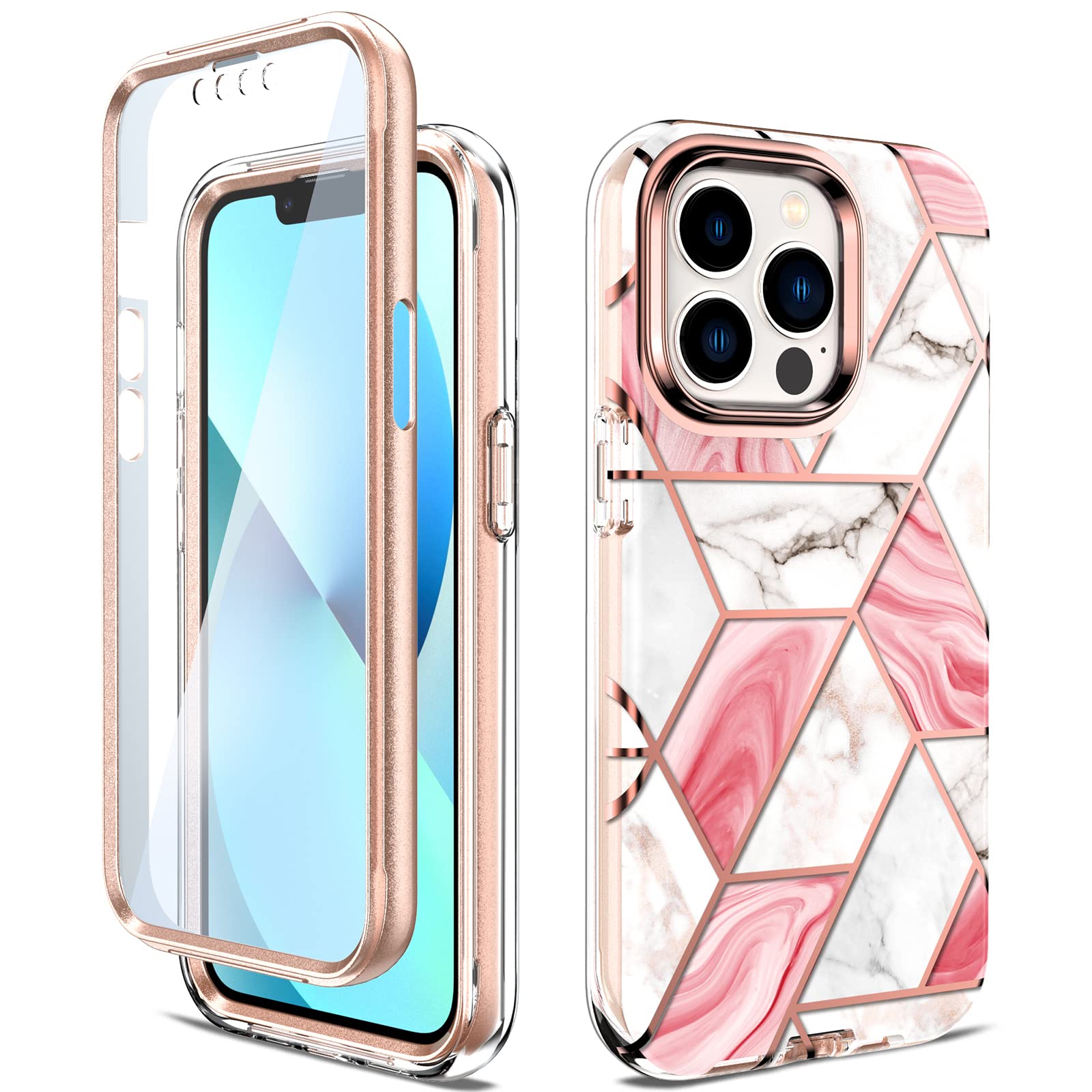 GOLINKMarble Series Case Designed for iPhone 13 Pro Max 6.7 inch (2021 Release), Slim Full Body Stylish Protective Case with Built-in Screen Protector(Pink)