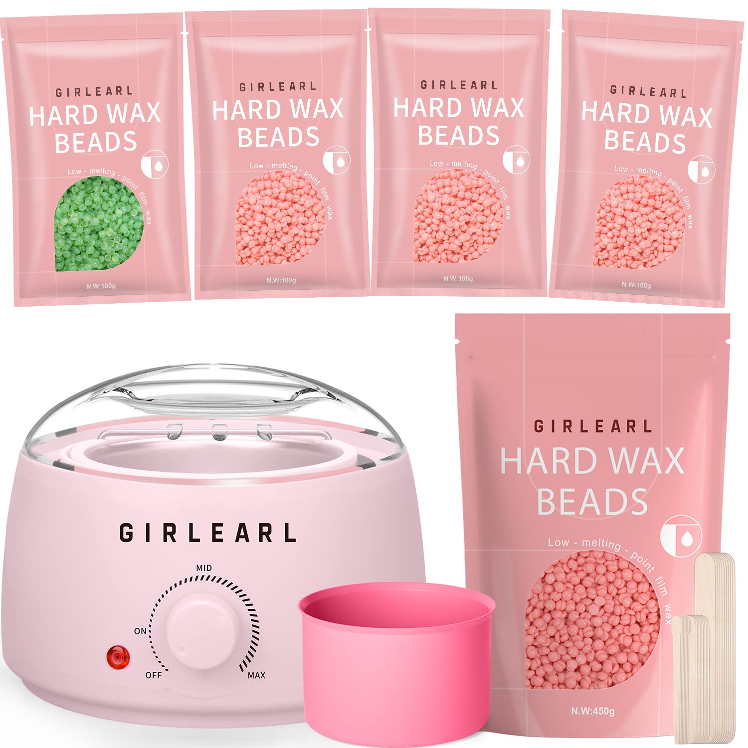 GIRLEARLE Wax Warmer Kit for Women and Men + 1lb Hard Wax Beads at Home, Multiple Formulas Target Different Types of Hair for Sensitive Skin Body, Brazilian Bikini, Eyebrow, Facial