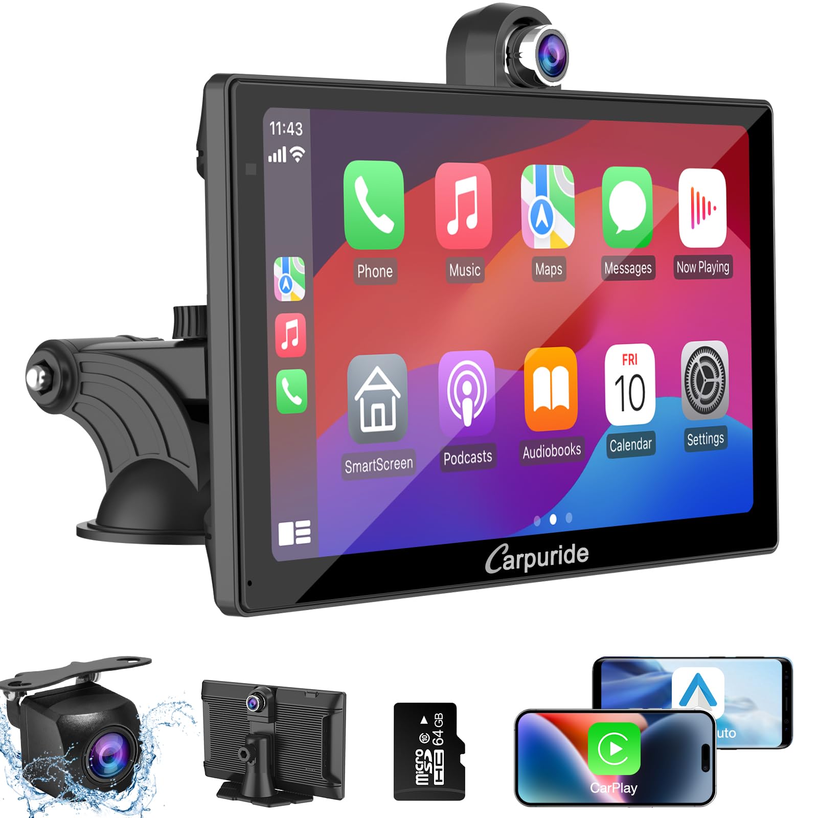 CARPURIDE W905 Portable Carplay & Android Auto, 9'' Touch Carplay Screen for Car, 4K Dash Cam,1080p Backup Camera, Car Play Navigation with Mirror Link/Siri/FM/Bluetooth/Light Sensor