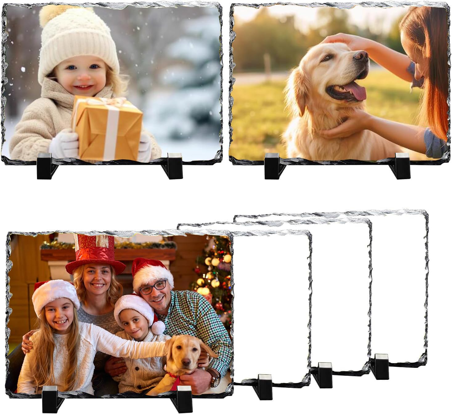 6PCS Sublimation Slate Blanks with Display Stand DIY Christmas Gift Slate Rock Rectangle Sublimation Blank for Heat Press Transfer Photo, Image, Picture Frame, Glossy White Sublimate Coating Slate