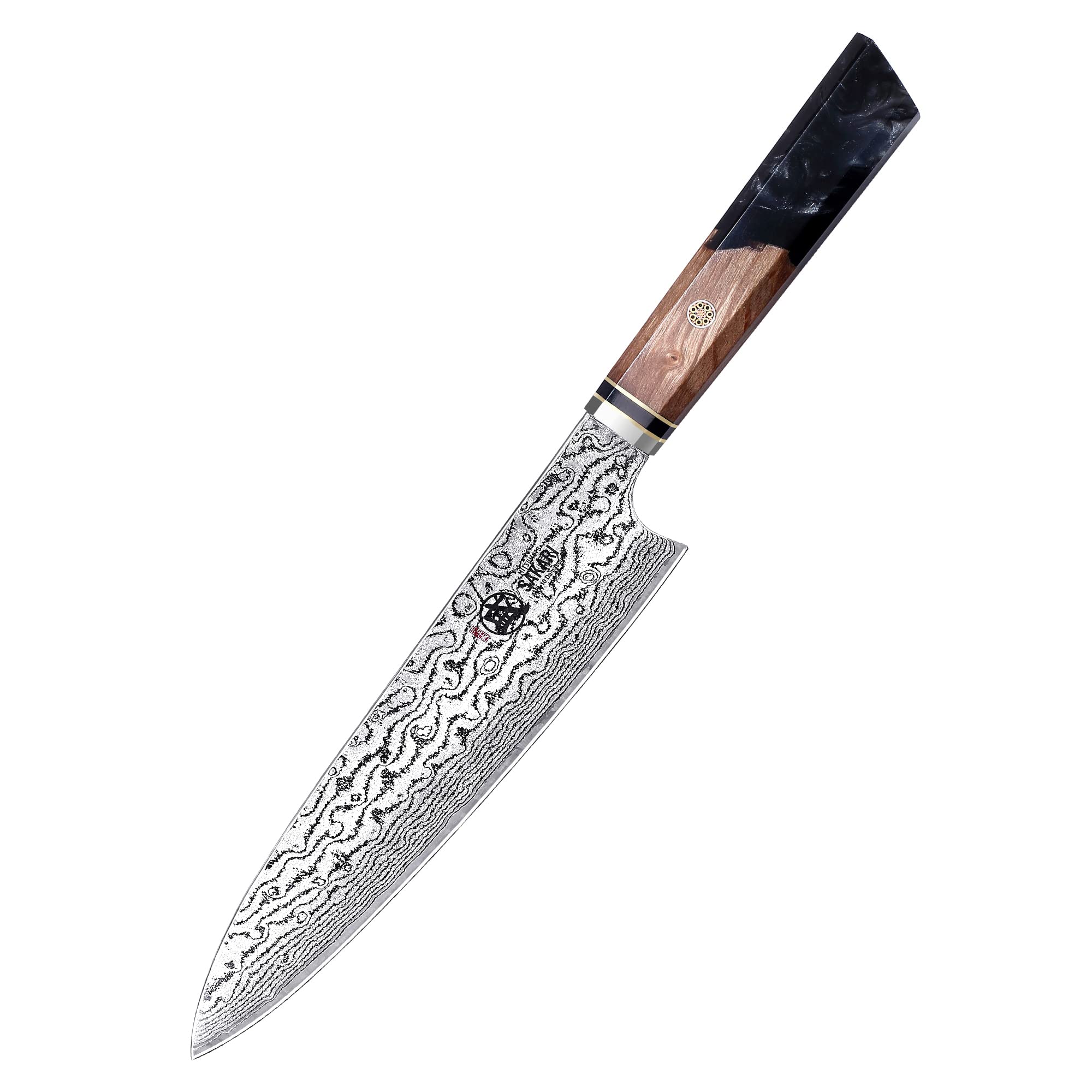 MITSUMOTO SAKARI 8 inch Japanese Gyuto Chef Knife, Professional Hand Forged Japanese Meat Knife, AUS-10 Premium Damascus Steel Kitchen Cooking Knife (Shadowwood Pomegranate Handle & Sandalwood Box)