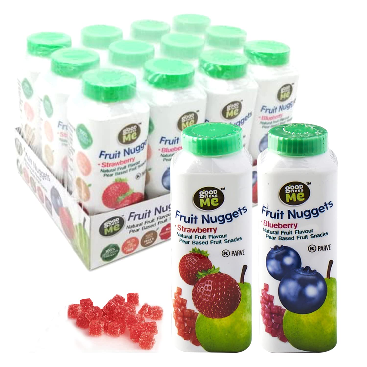 Goodness Me Fruit Nuggets Bottles 12 x 43g - Healthy Snacks for Kids - Vegan & Gluten Free - Made from Real Fruit Juice and Puree - Strawberry and Blueberry, 12-Pack