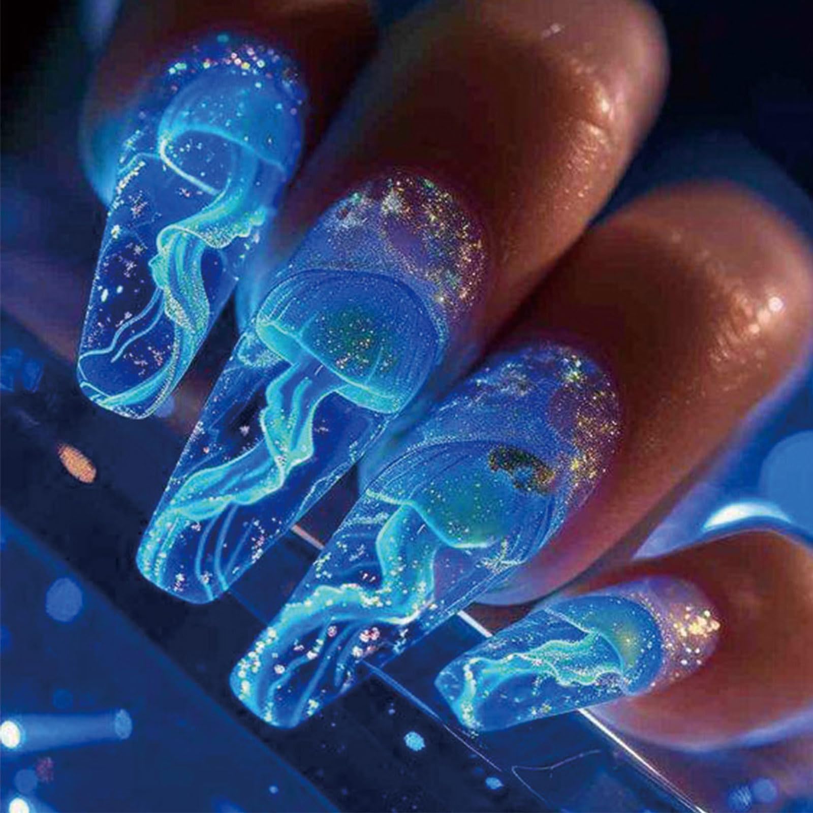 24Pcs Blue Jellyfish Press on Nails Medium Coffin Glossy Blue Gradient Acrylic False Nails Ombre Curve Line Fake Nails Gel Glue on Nails for DIY Manicure Stick on Nails for Coquette Women Girls Ocean