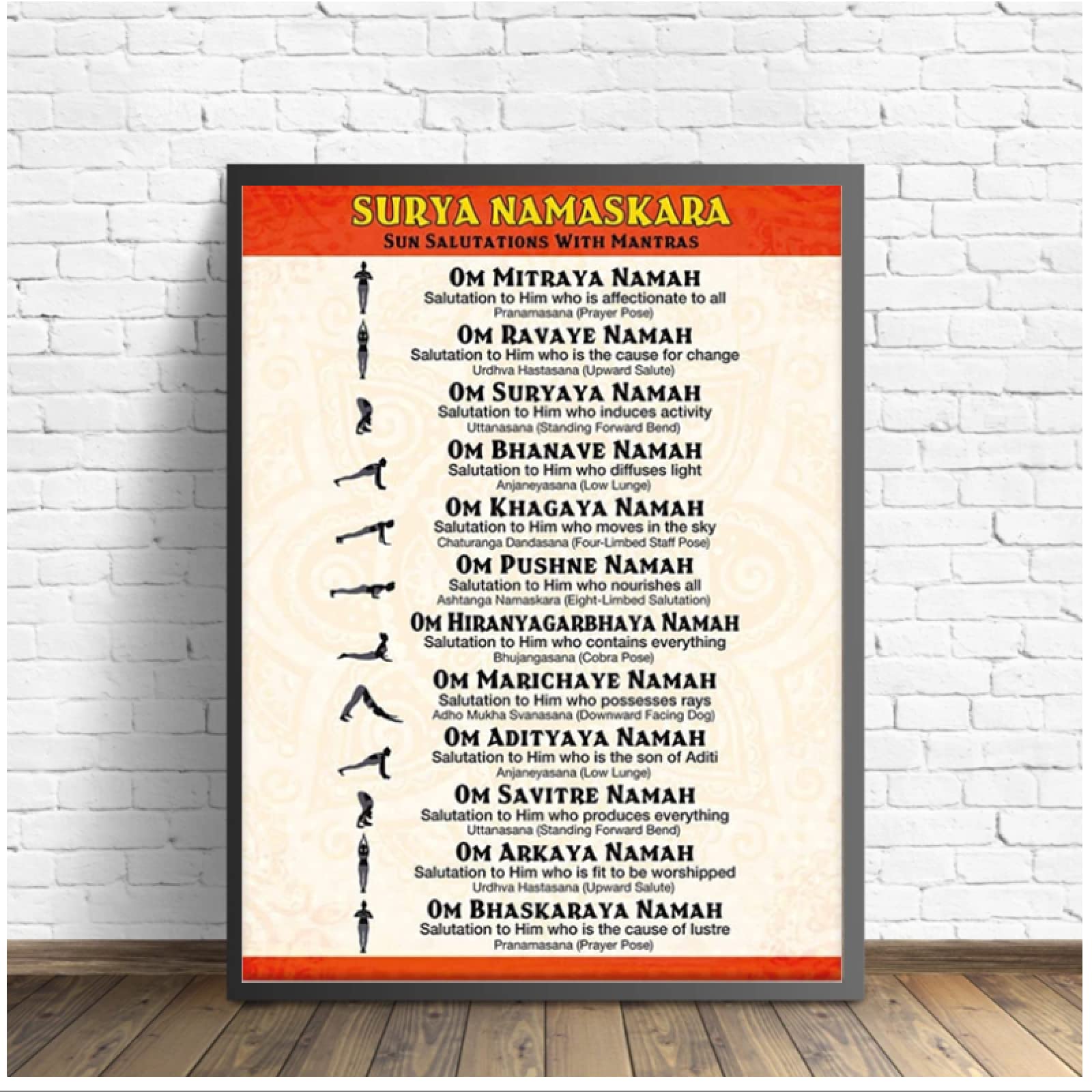 BXCBXDBXCD Surya Namaskara Yoga Poster Sun Salutations Yoga Poses and Sanskrit Mantras Canvas Painting Wall Art Picture Print Home Decor-42x60cm Unframed