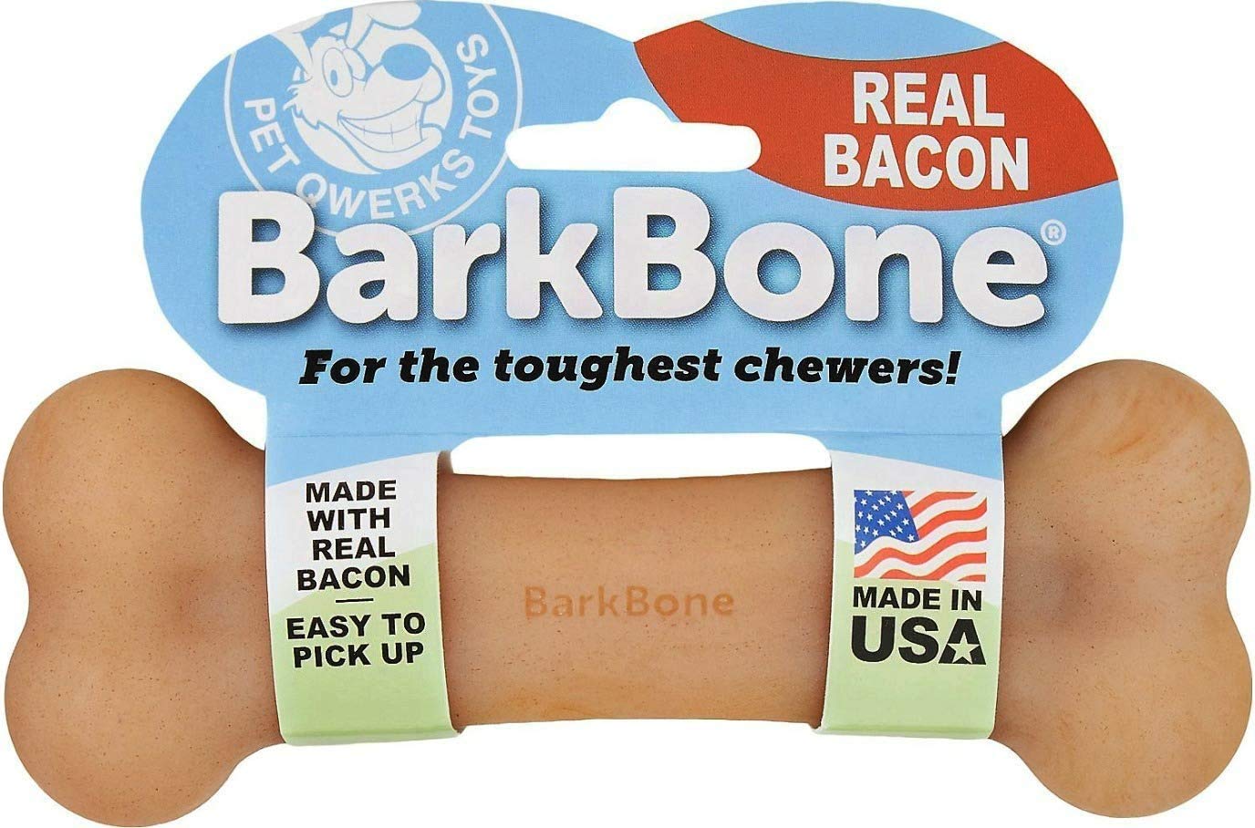 Pet Qwerks Bacon BarkBone Dog Chew Toys for Aggressive Chewers, Made in USA