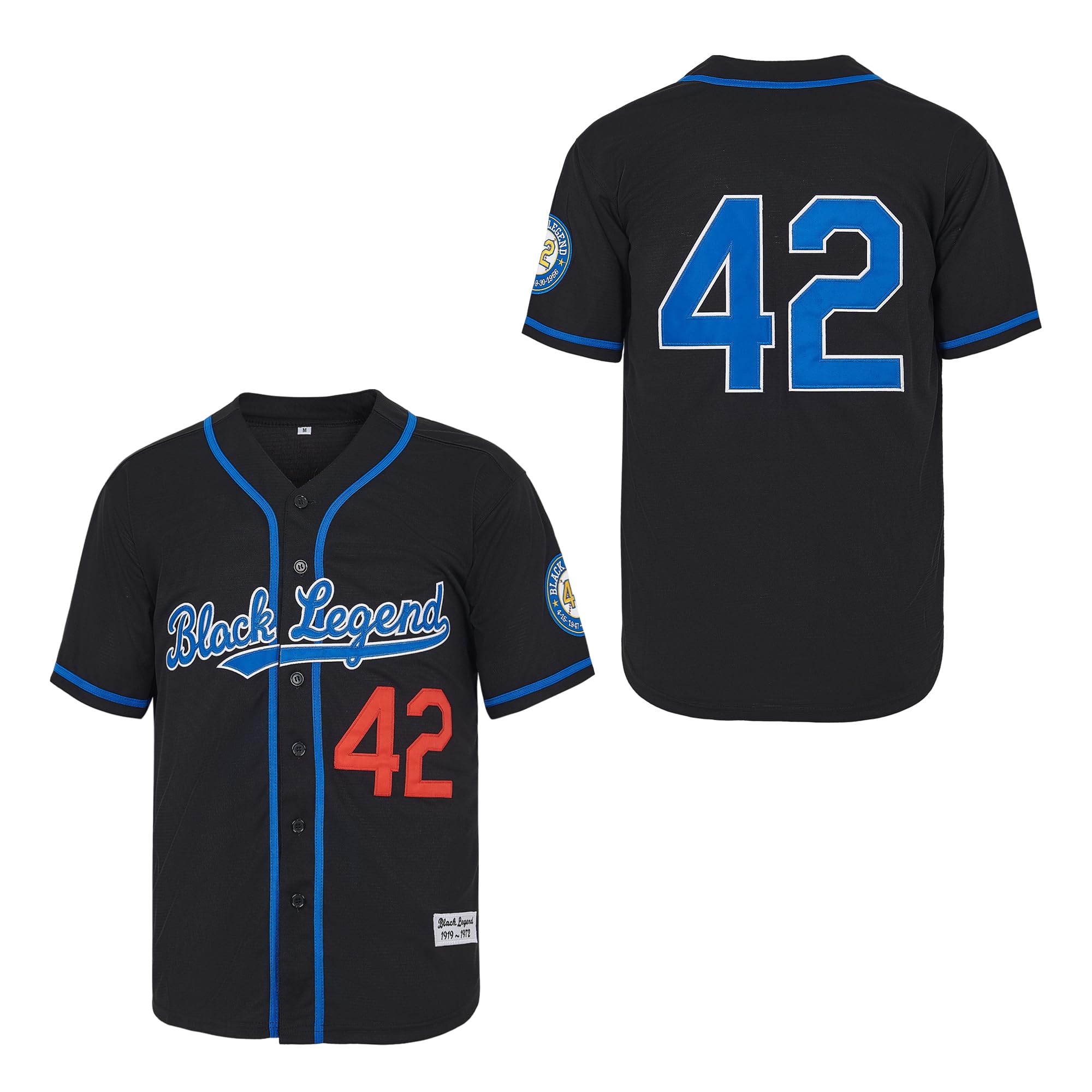 zommna Men's Jackie Robinson #42 Black Legend Jersey Retro Short Sleeves Button Down Baseball Jerseys Stitched