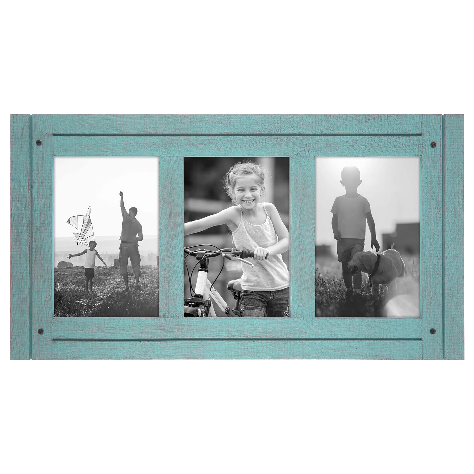 Americanflat 4x6 Triple Picture Frame with Polished, Crystal Clear Glass - Hampton Collection - Distress Wood Collage Picture Frames for Tabletop and Wall Display - Turquoise Blue