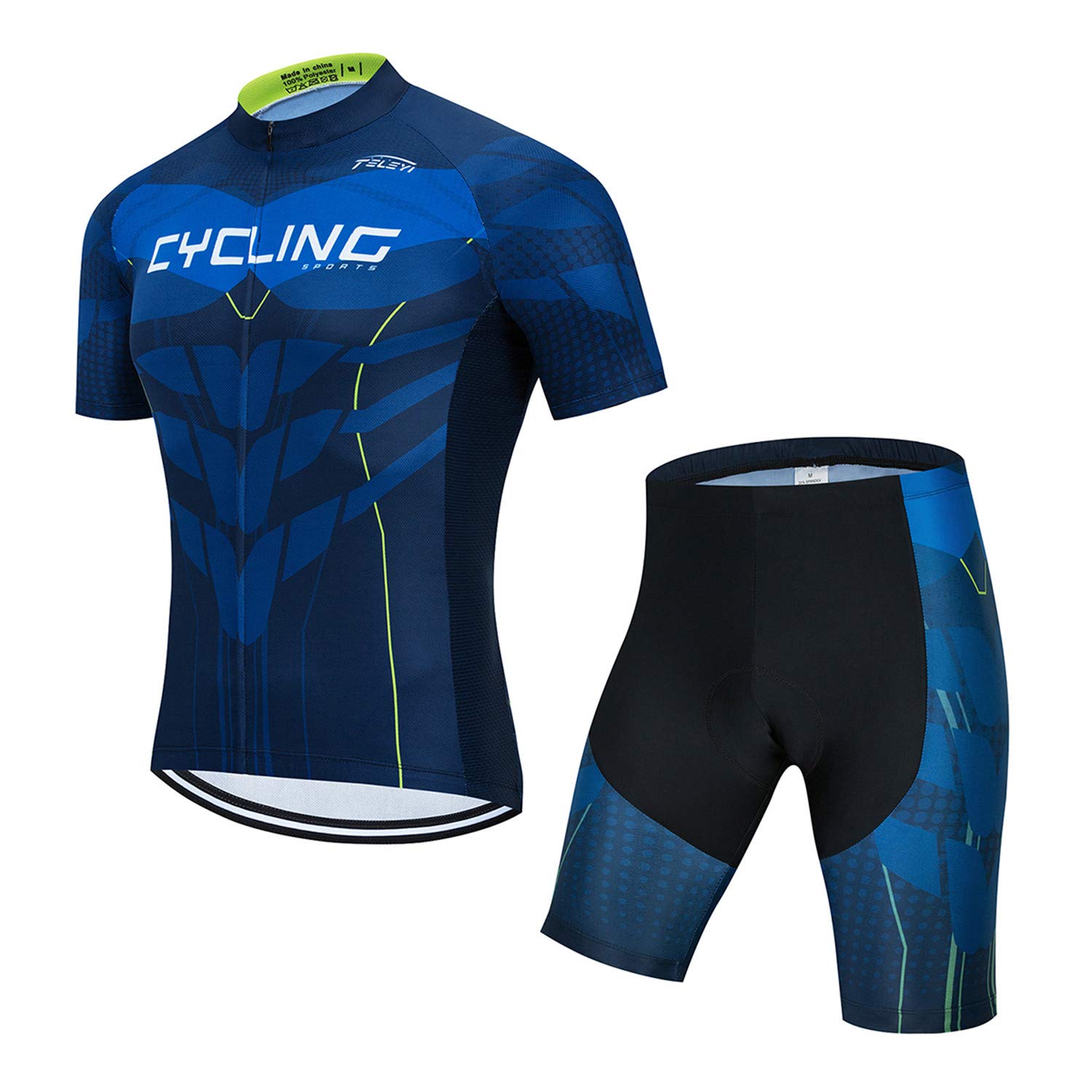 Men Cycling Jersey Set Bike Short Sleeve Shirt Tops Reflective,Quick Dry+5D Padded Shorts S-3XL