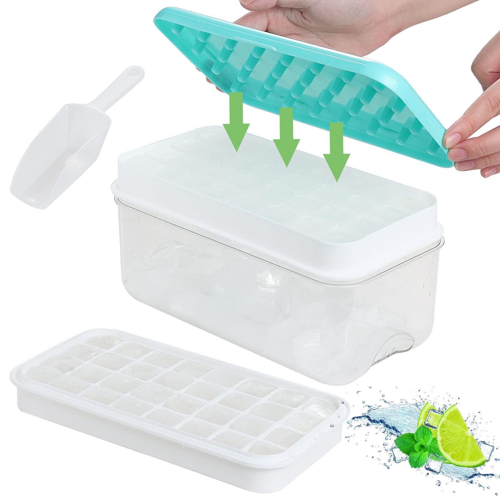 KIYOKI Ice Cube Tray with Lid and Bin for Freezer, 64 Nuggets One Second Release Silicone Bottom Ice Cube Tray, Square Ice Cube Mold for Cocktail Whisky Coffee - 2 Ice Trays & 1 Ice Bucket &1 Scoop