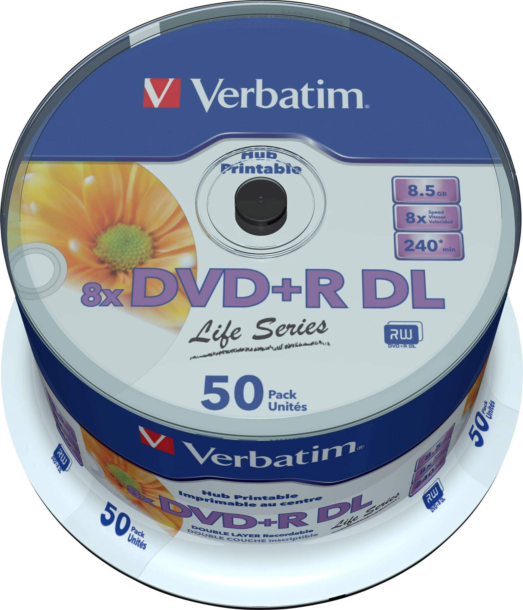 Verbatim DVD+R Double Layer Inkjet Printable Life Series 8.5GB I 50er Spindel I DVD Rohlinge bedruckbar I 8-fache Brenngeschwindigkeit und Hardcoat Scratch Guard I DVD-R printable I DVD leer