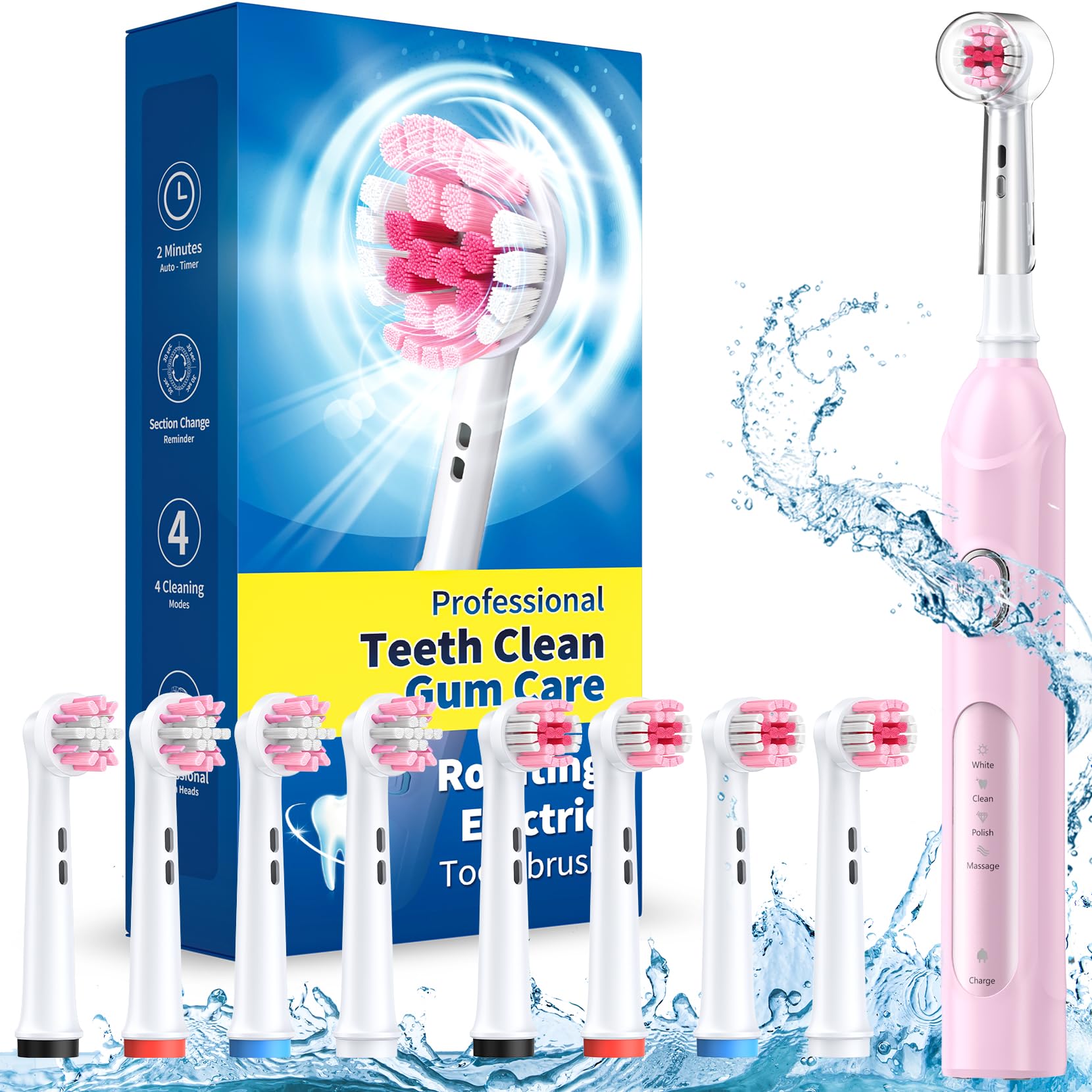 Rotating Electric Toothbrush for Adults with 8 Brush Heads (2 Types), 4 Modes Deep Clean Electric Toothbrush with Rechargeable Power and 2 Min Smart Timer Pink