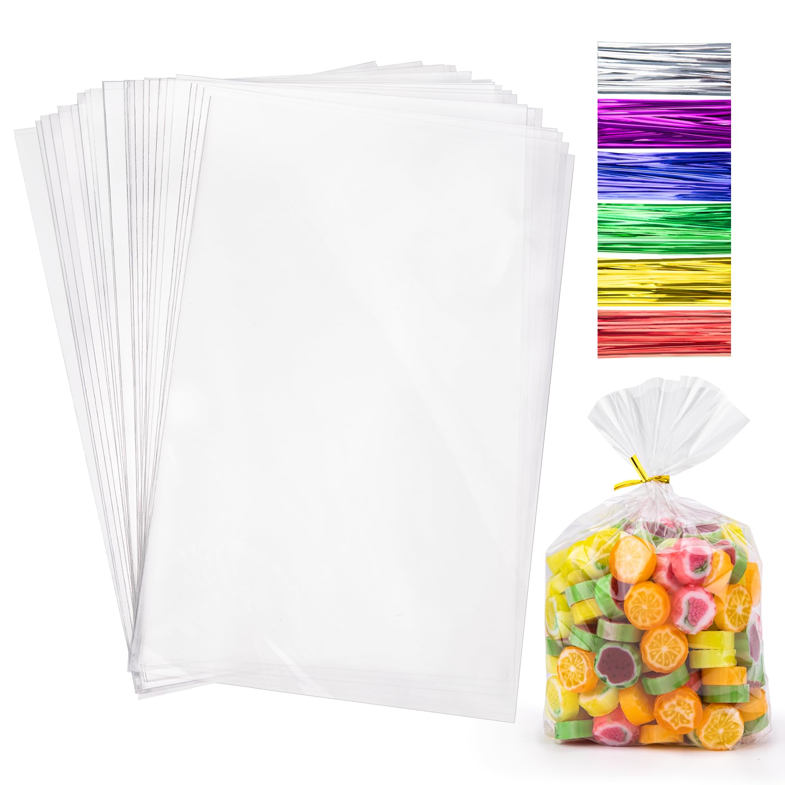 Aubeco 6x9 Inches Clear Cellophane Bags 120 Pcs OPP Plastic Treat Bags with 120 Twist Ties for Gift Wrapping,Packaging Candies,Dessert,Bakery, Cookies, Chocolate,Party Favors