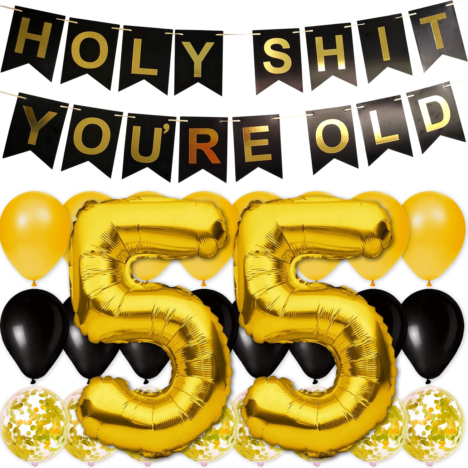 PartyForever 55th Birthday Decorations Gold Number Balloons Set with YOU'R OLD Banner