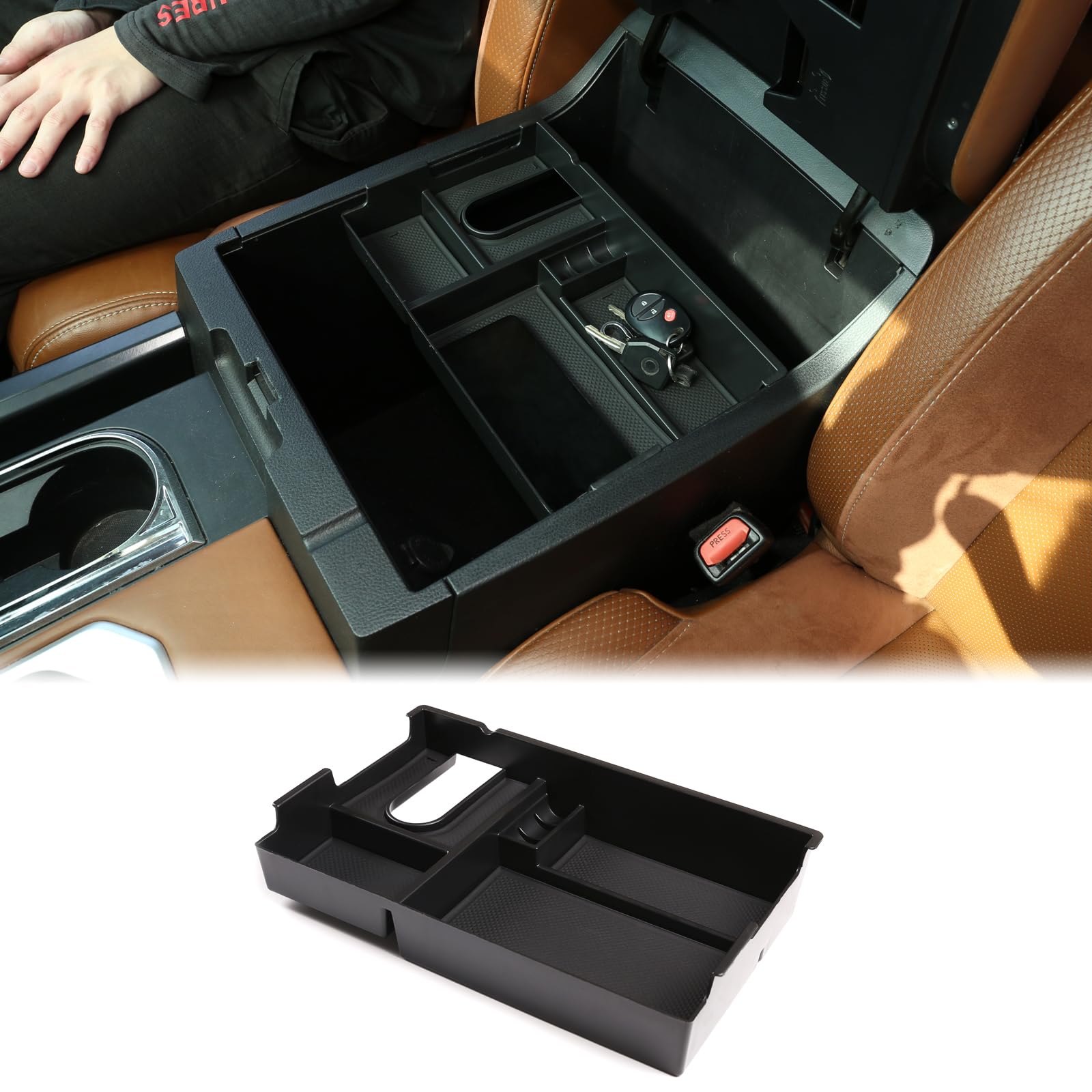 Car Armrest Box Storage Box Compatible with Toyota Tundra 2007-2021/Sequoia 2008-2020 Center Console Organizer Tray Armrest Storage Box Secondary Container Insert Box With Mat ABS Interior Accessories