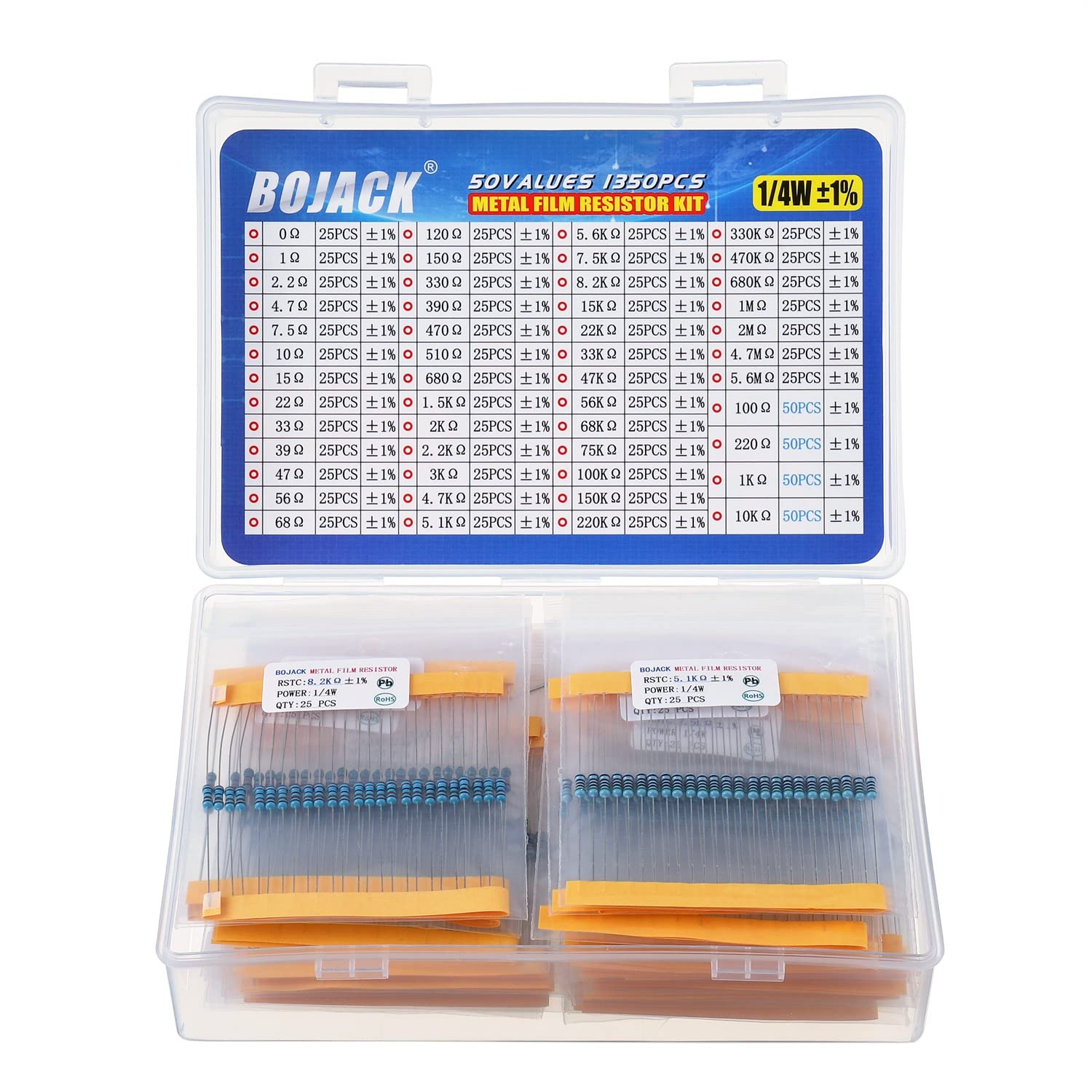 BOJACK Resistor Assortment Kit 0 Ohm - 5.6M Ohm 1/4W Metal Film Resistor Assortment Resistor Kit (50 Values 1350 Pcs)