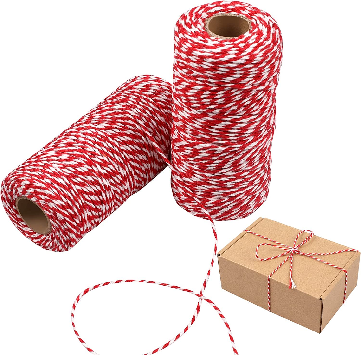 SYOSI Colored Cotton Rope, 200m Red and White 2MM Solid Cotton Wrapping Twine, Durable Butchers String for Gift Meat Crafts Garden, Wedding Decoration Packaging Thread (2 Rolls)