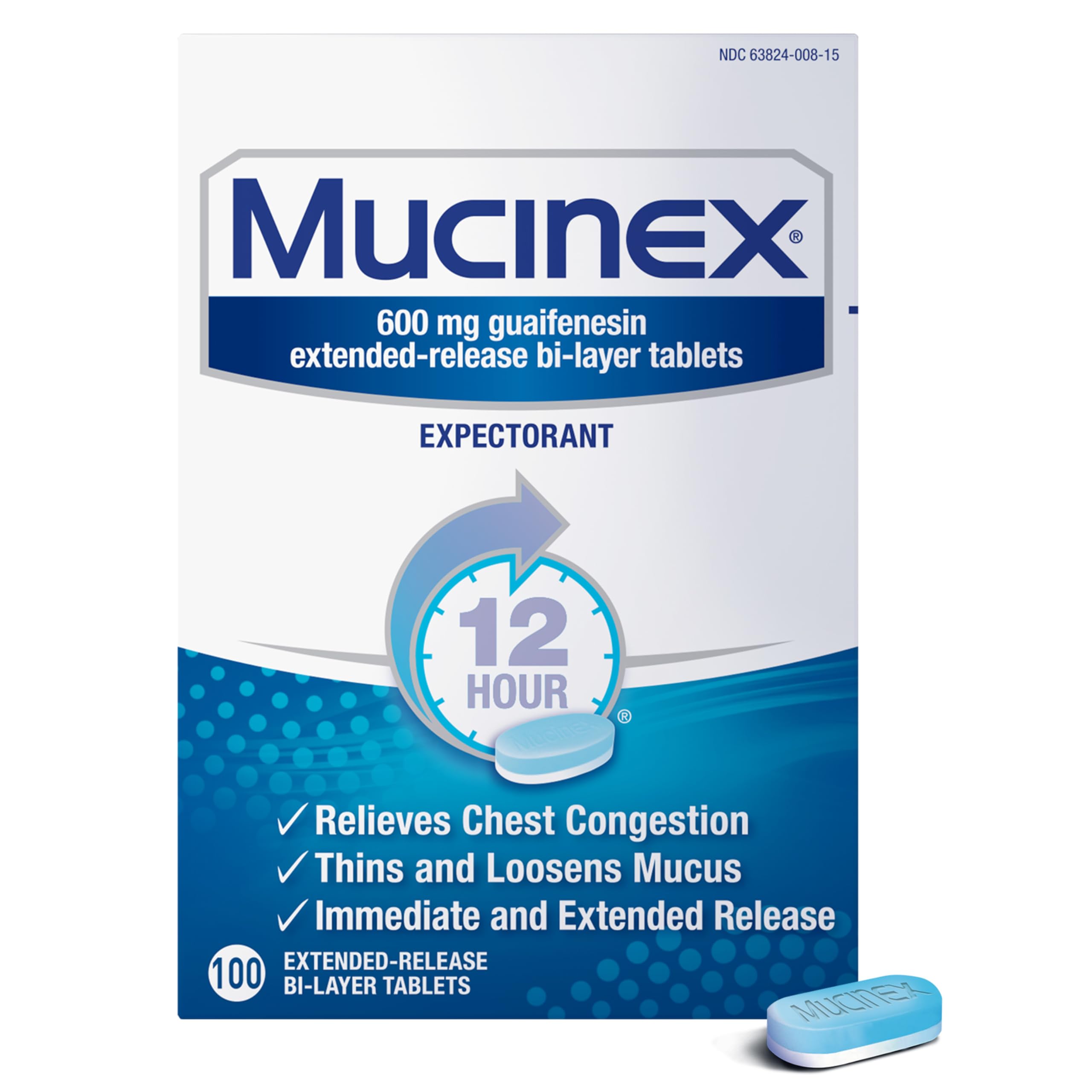 Mucinex 12 Hour 600 mg Guaifenesin Extended-Release Tablets for Excess Mucus Relief, Expectorant Aids Excess Mucus Removal, Chest Congestion Relief, 100 Bi-Layer Tablets