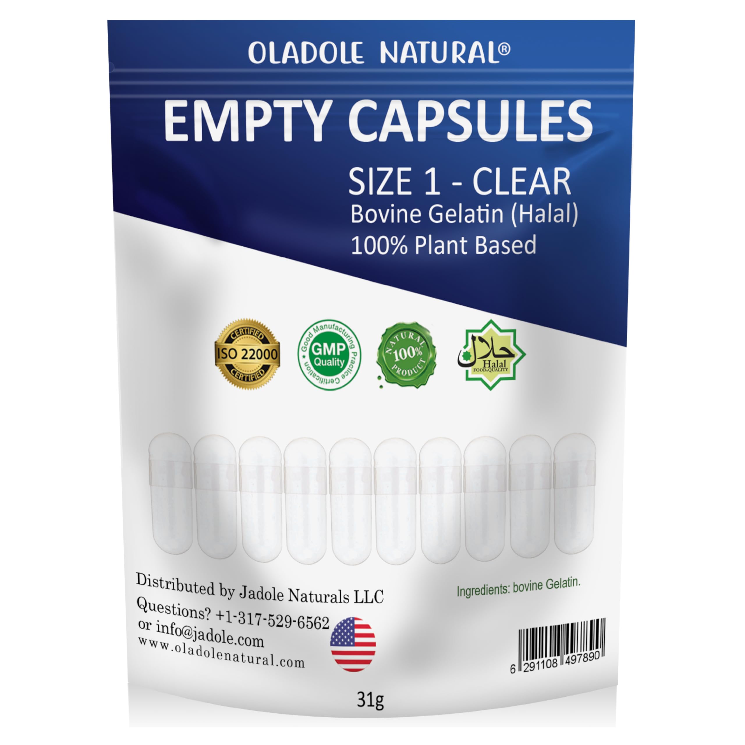 Oladole Natural Empty Capsules- Size 1 (460 Count) | Dissolves Quickly, Easy to Fill | Halal, Non-GMO, Gluten-Free | DIY Supplement Powder Filling