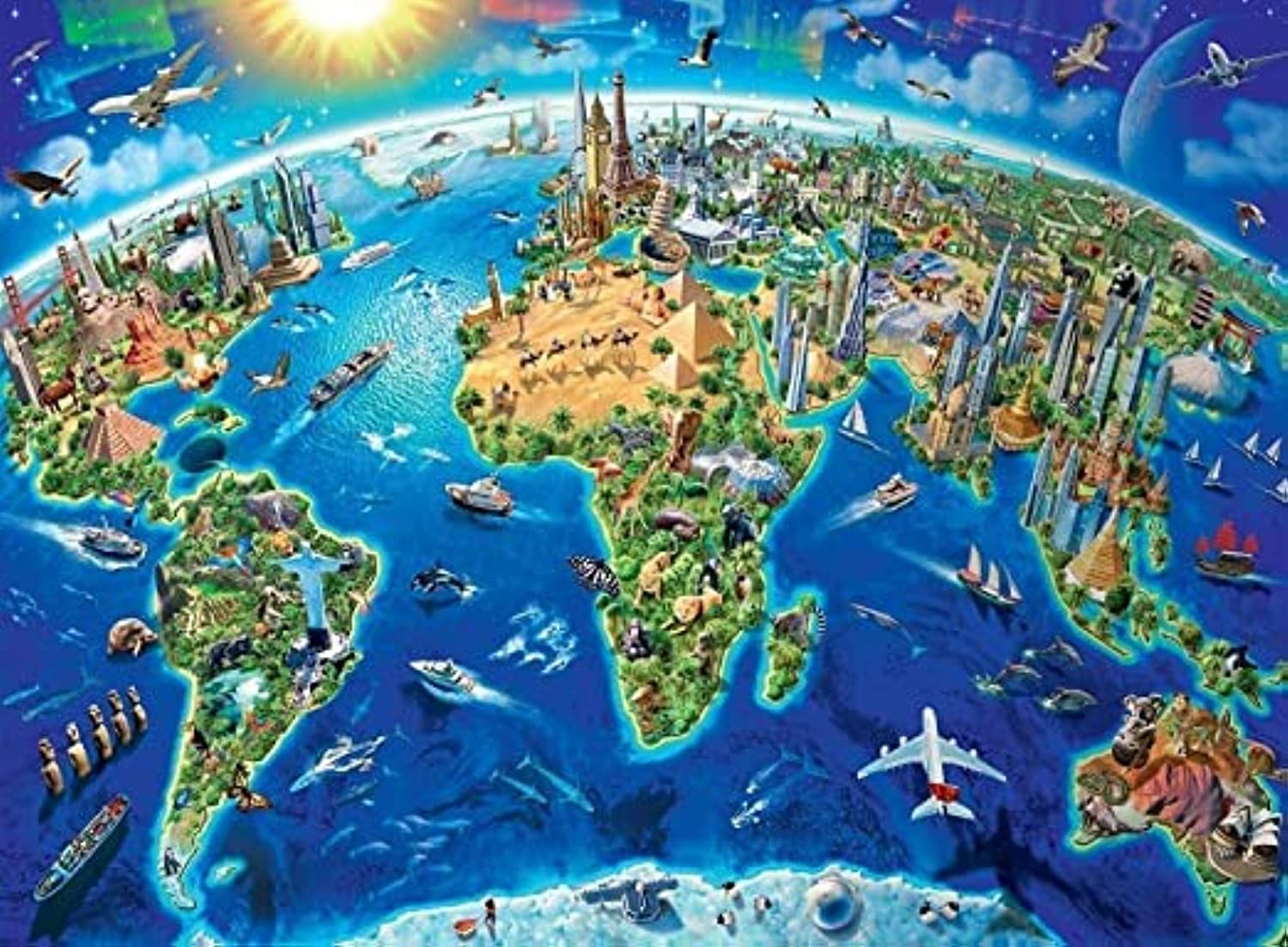 Gojeek 1000 Pieces World Landmarks Map Wood Jigsaw Puzzles, Teens Adults World Map Challenging Educational Puzzles Game Family Toy Gifts 50 * 75cm for Wall Decorations