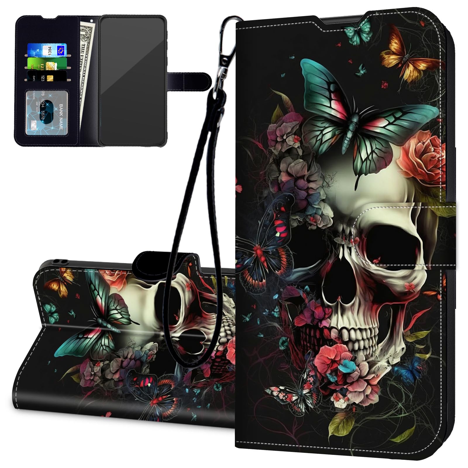 for T-Mobile Revvl 6 Pro 5G Wallet Phone Case with Card Holder Kickstand Wrist Strap,RFID Blocking Leather Flip Folio Shockproof Cover Case for T-Mobile Revvl 6 Pro 5G，Flower Skull