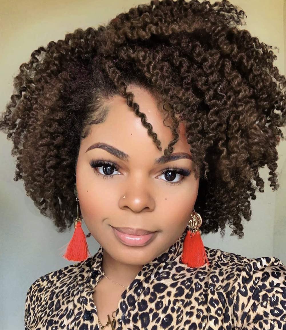 Short Kinky Curly Wigs Ombre Brown Side Part Wig Afro Curly Wig Twist Out Wigs Heat Resistant Fiber Synthetic Full Wigs for Black Women (1B 30#)