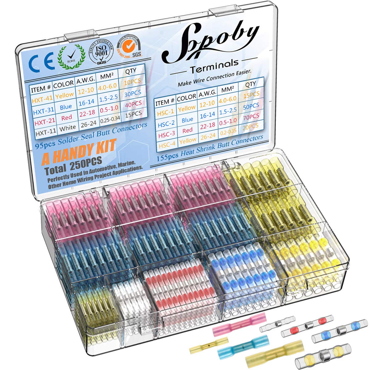 250PCS Heat Shrink Connectors - Sopoby Solder Seal Wire Connectors & Heat Shrink Butt Crimp Connectors - Electrical Connectors Waterproof Assorted Wire Terminal Kit (26-10GA)