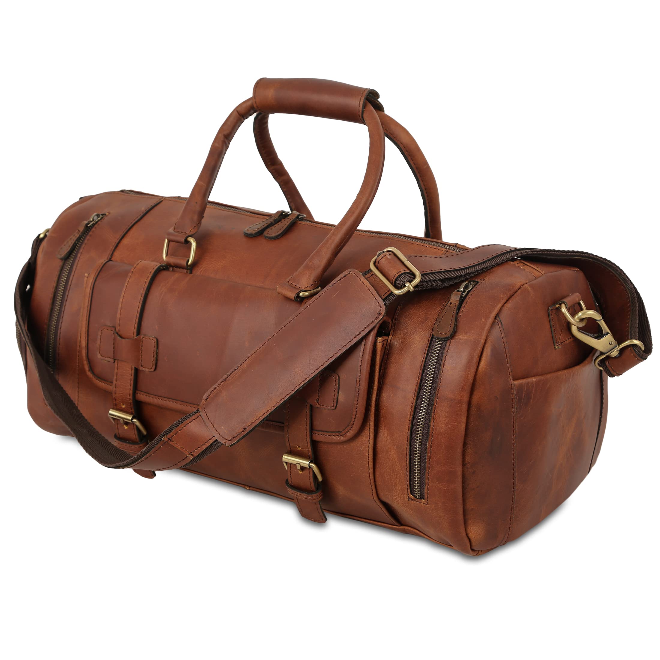 20 inches brown leather shoe duffel bag, Tan brown, Leather Duufel Bag