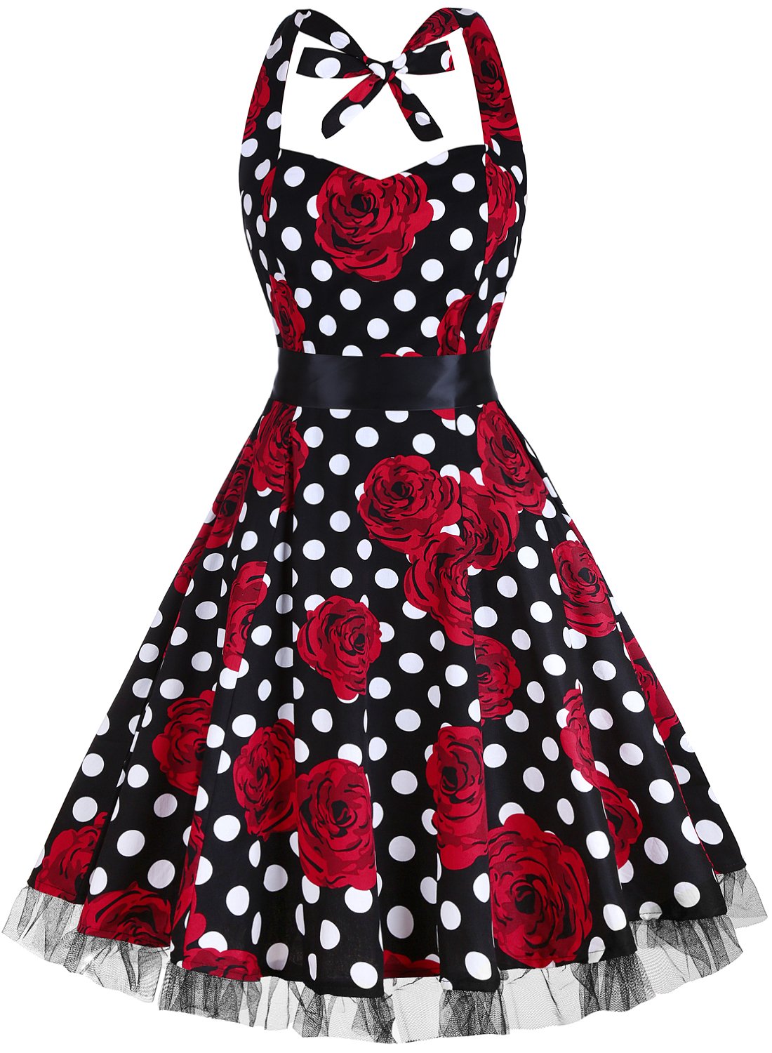 oten Women's Vintage Polka Dot Halter Dress 1950s Floral Sping Retro Rockabilly Cocktail Swing Tea Dresses