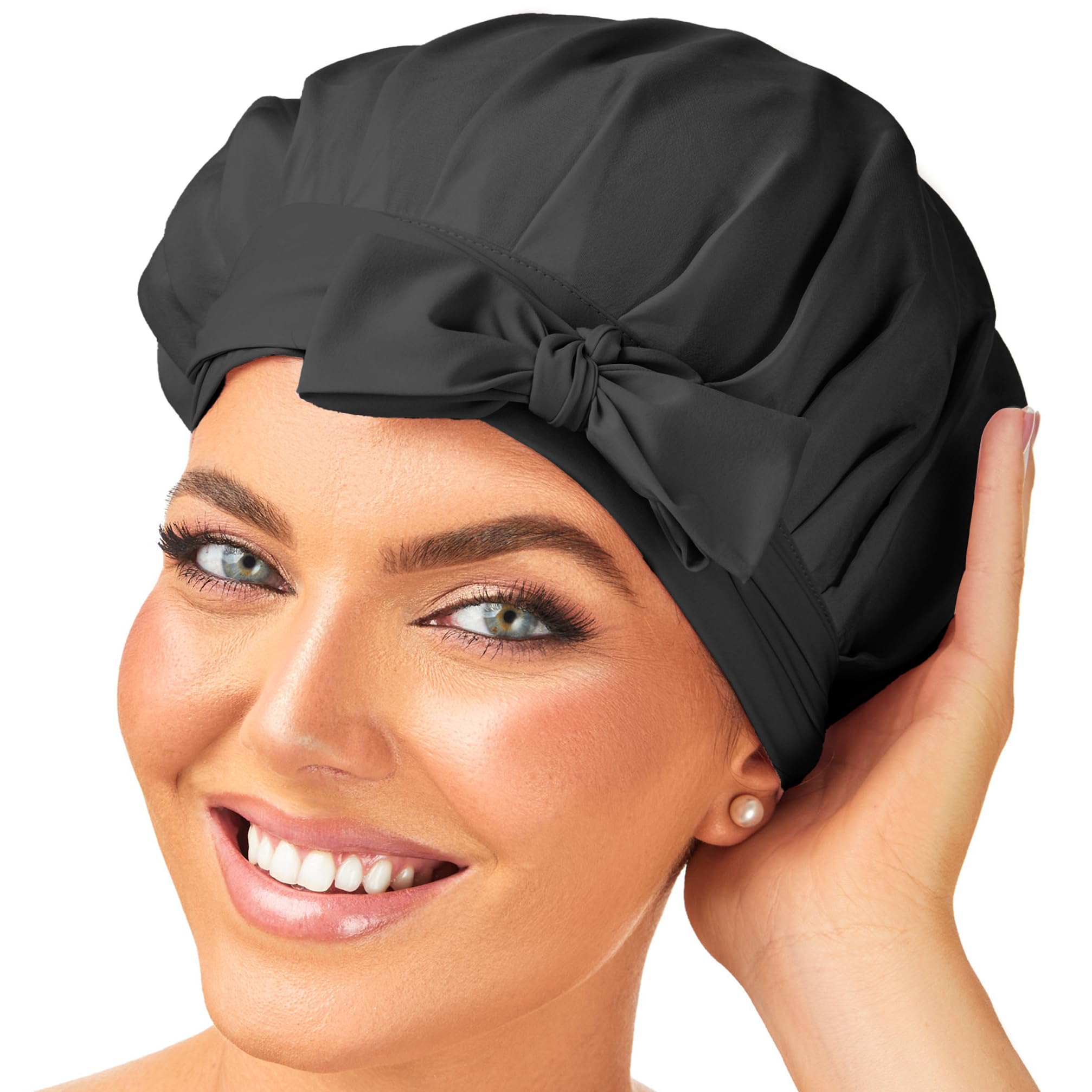 GOLDEN STAR BEAUTYSilk Bonnet Sleeping Cap For Women, Made of Real 100% Mulberry Silk, Soft and Easy to Use, Breathable & Adjustable Sleep Caps, Fine Hair Wrap - Night Head Cap for Curly Hair (Black)