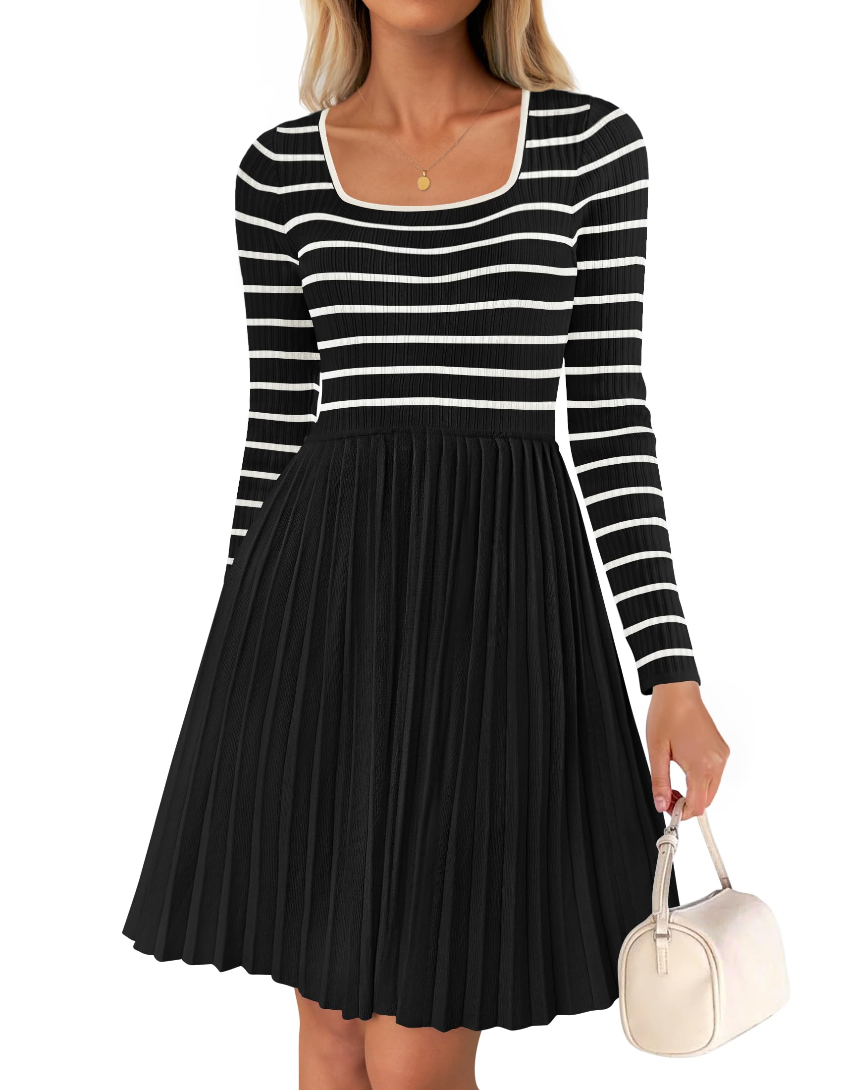 ZESICAWomen's Long Sleeve Striped Dresses 2024 Square Neck Pleated Ribbed Knit Casual A Line Mini Dress