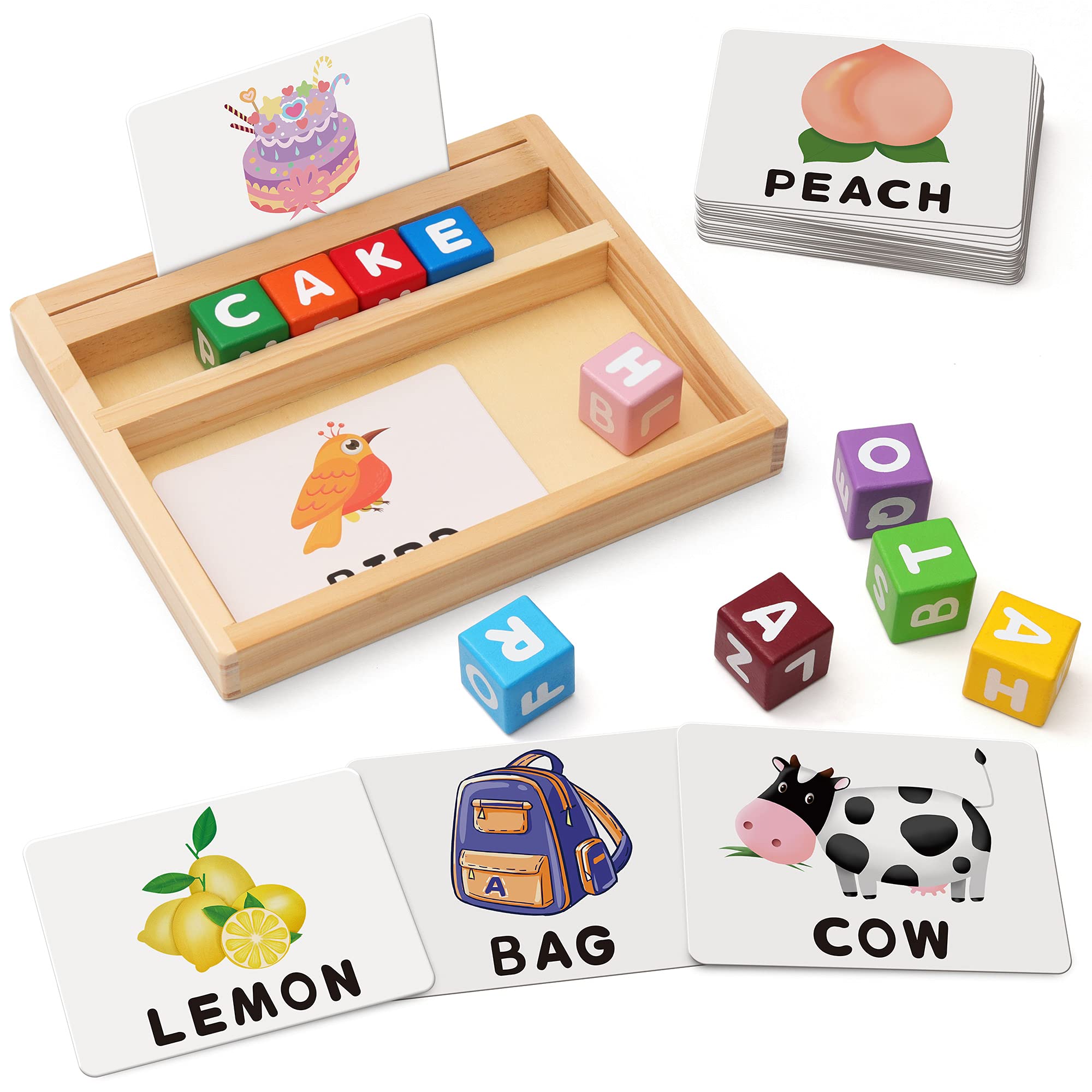 Coogam Wooden Blocks Spelling Game, Color Alphabet Letters Matching Flash Cards ABC Cubes Sight Words Learning Educational Montessori Puzzle Gift for Preschool Kids Boys Girls Age 3 4 5 Years Old