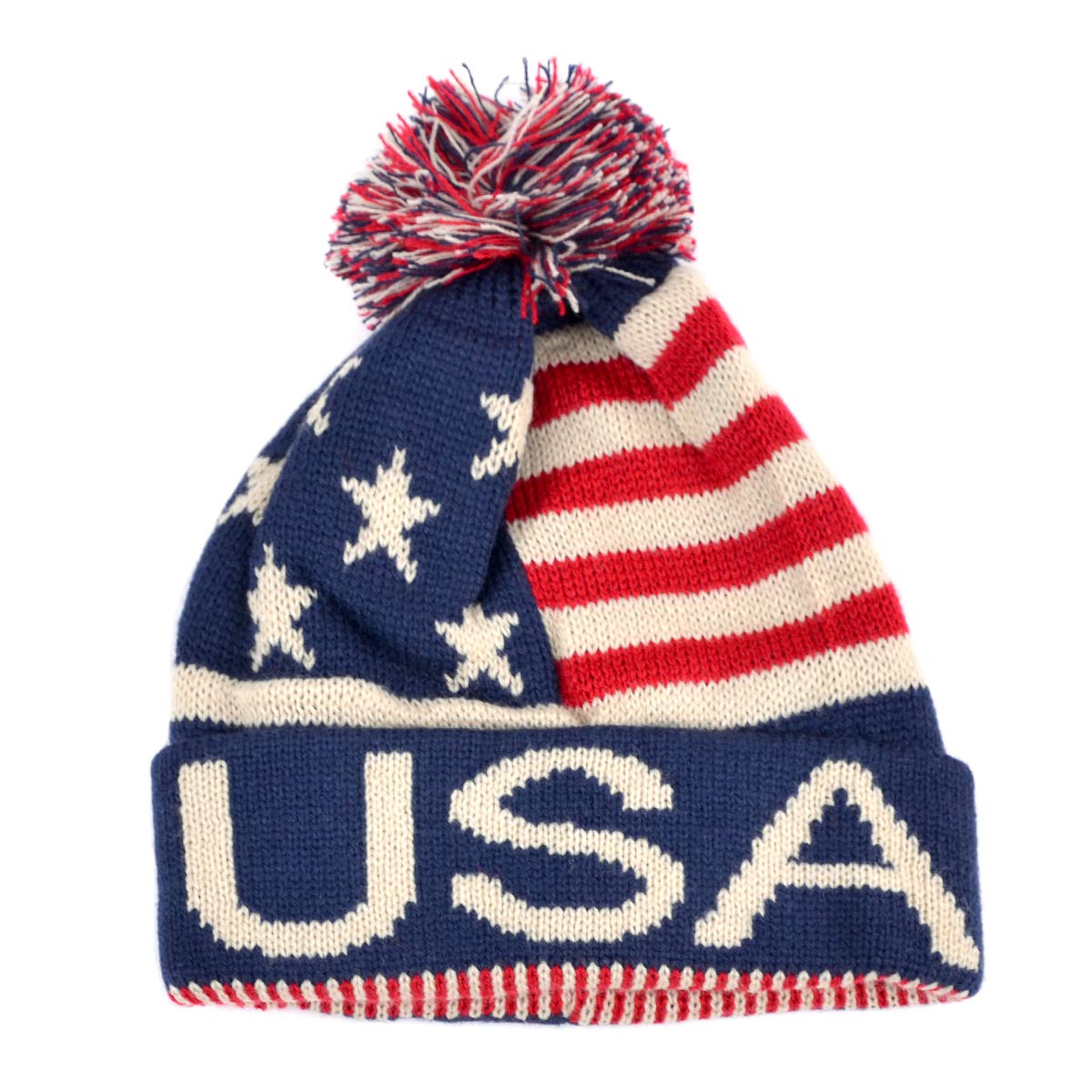 Winter Hat - Knit, Cuffed Beanie with Pom Pom, USA Flag Design, Warm Fun for Cold Days, Small-Medium