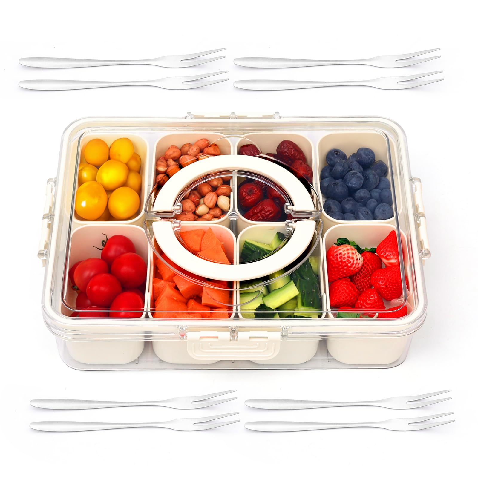 Snackle Box Charcuterie Container- Divided Serving Tray with Lid and Handle- Clear Plastic Portable Snack Box with 8 Compartment for Fruit, Veggie, Candy, Nuts, Picnic, Travel, Entertaining, Party…