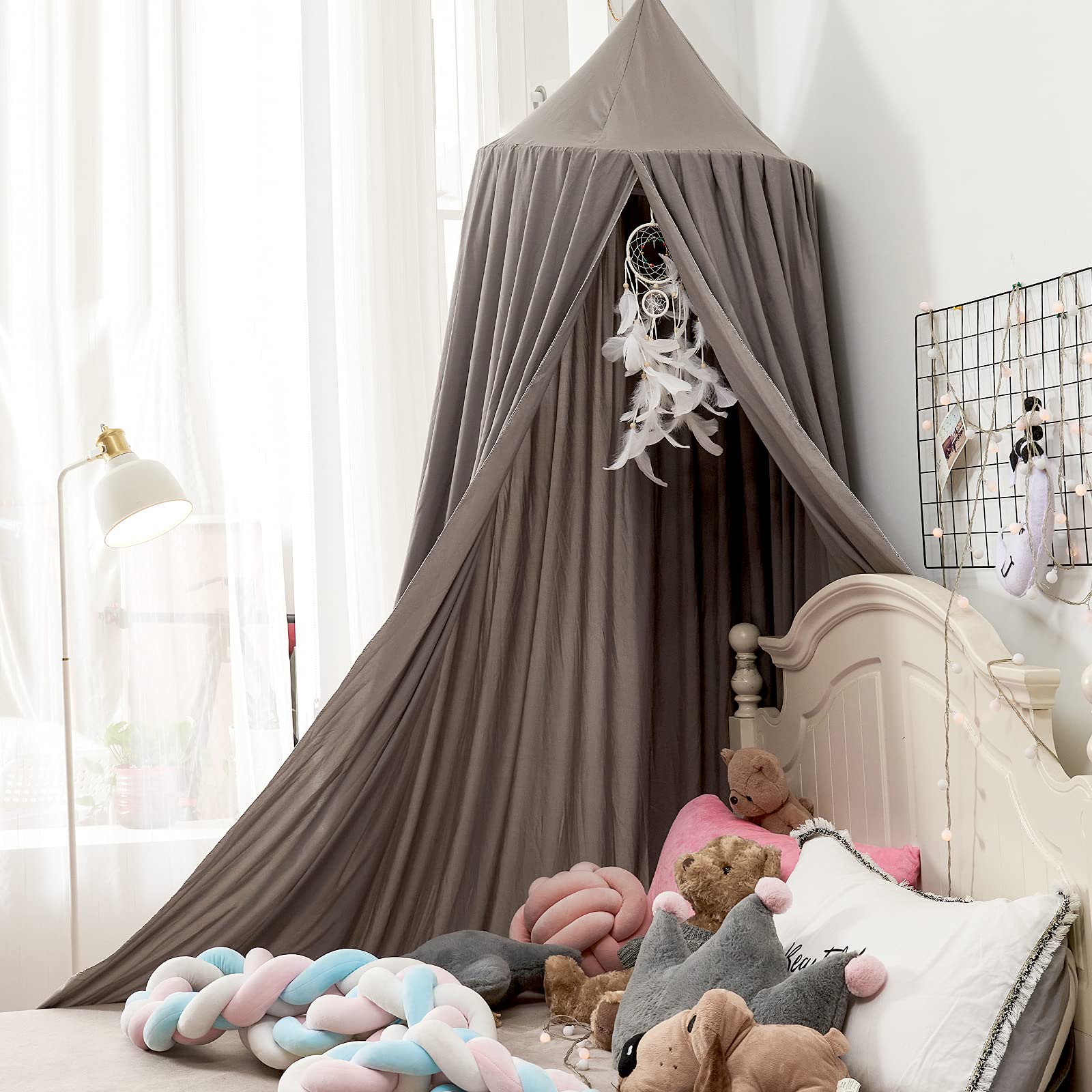 Kertnic Bed Canopy for Girls, Soft Pink Princess Canopy for Girls Bed, Dreamy Decor Frills Bed Canopies for Kids Room, Hanging Canopy Bedding Drapes Toddler Reading Nook Play Tent (Grey)