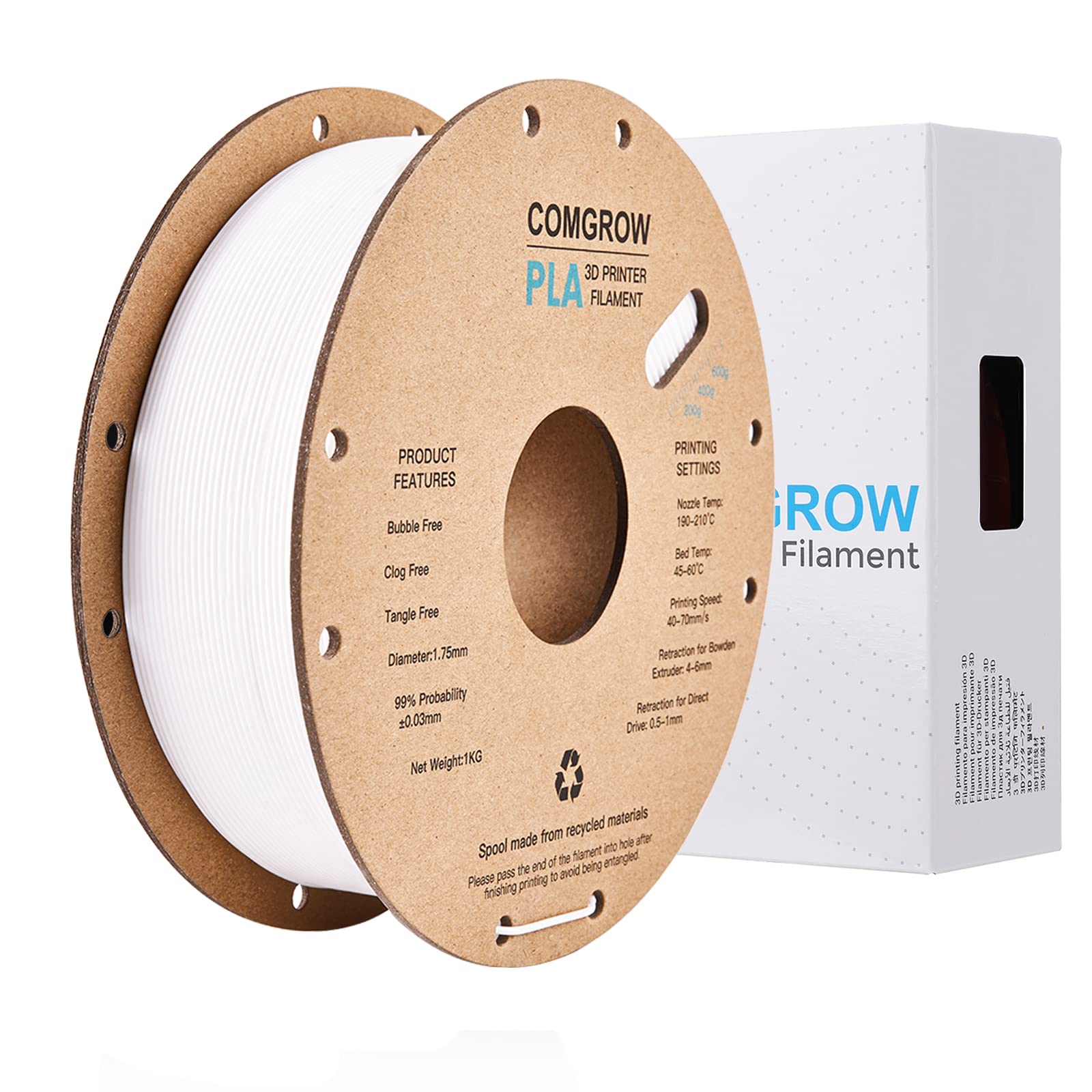 Comgrow PLA 3D Printer Filament, 3D Printer PLA Filament 1.75mm, Dimensional Accuracy +/- 0.02 mm, 1KG Spool PLA White