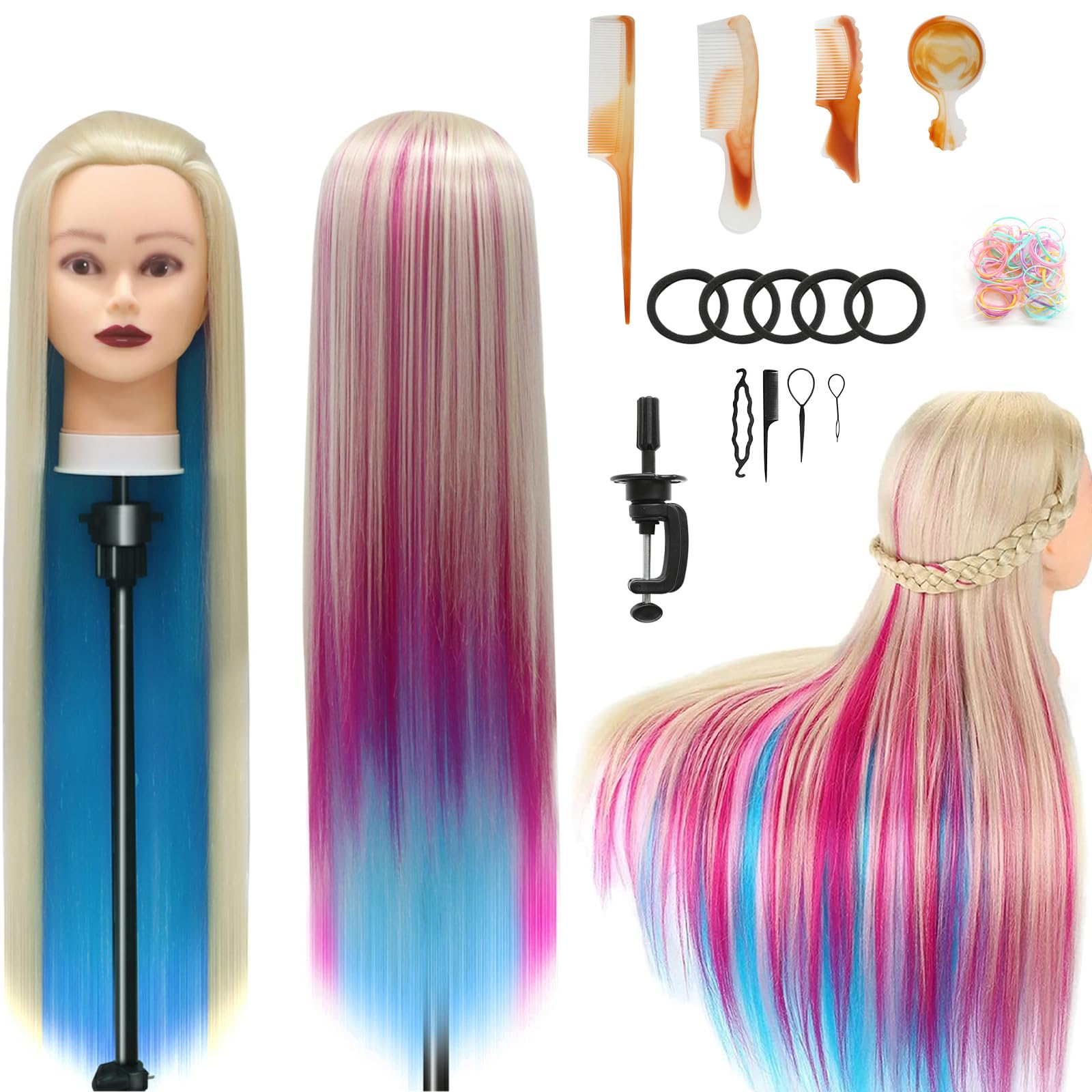 Training Head, 28 inch Styling Head 100% Synthetic Fibres Hairdressing Head Hairdresser Training Heads with Free Clamp and DIY Braiding Set (Rainbow)