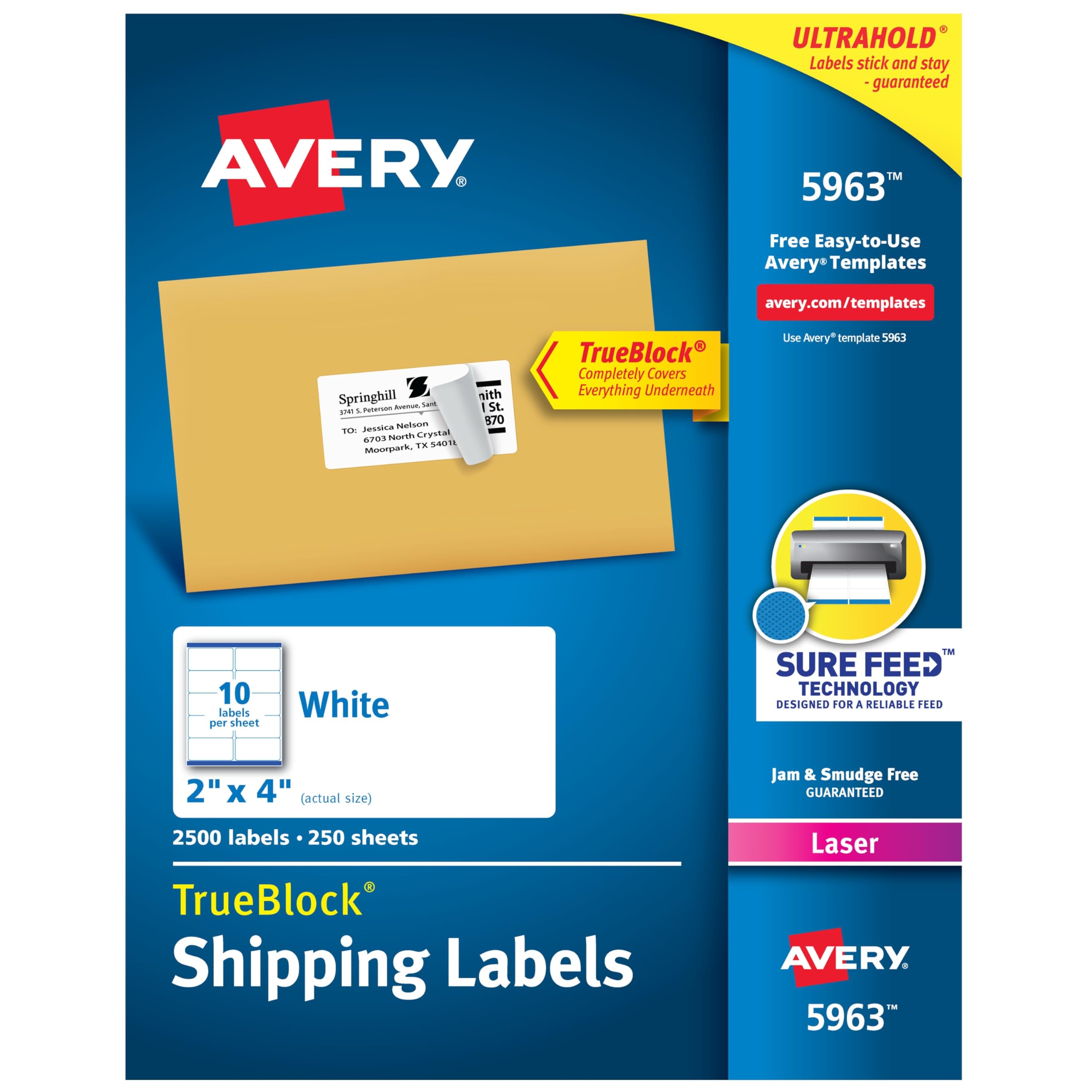 AVERYPrintable Shipping Labels with Sure Feed, 2" x 4", White, 2700 Blank Mailing Labels (5963)