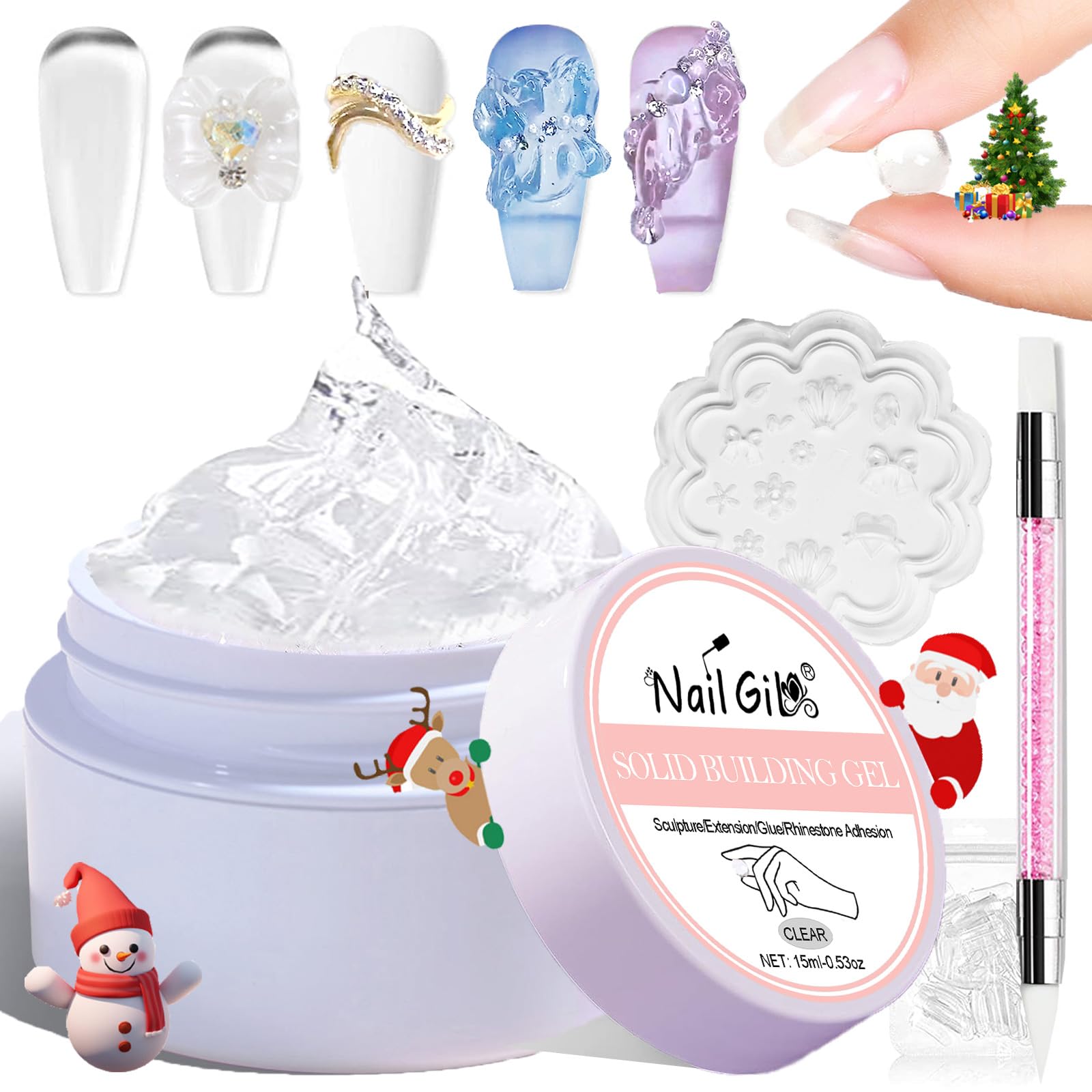 NAIL GIL Solid Builder Gel For s,3D Gel Art Sculpture Non-Sticky Hand Clear Extension Gel Sock Off UV LED with 3D Silicone Mold Salon DIY at Home-15g/0.53oz